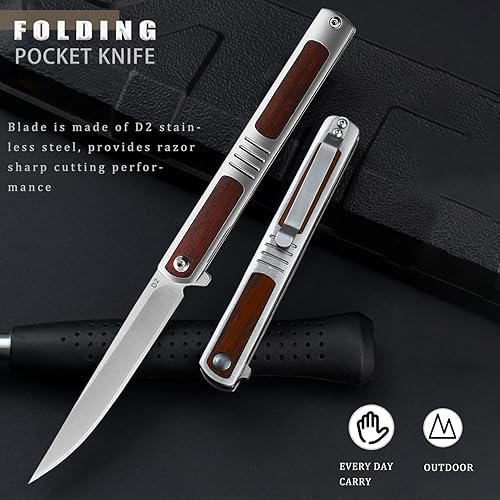 Miniatura 5 de QZL Cuchillo de bolsillo para hombre, cuchillo plegable con clip, con hoja de acero D2, bloqueo de forro de seguridad, cuchillo afilado para