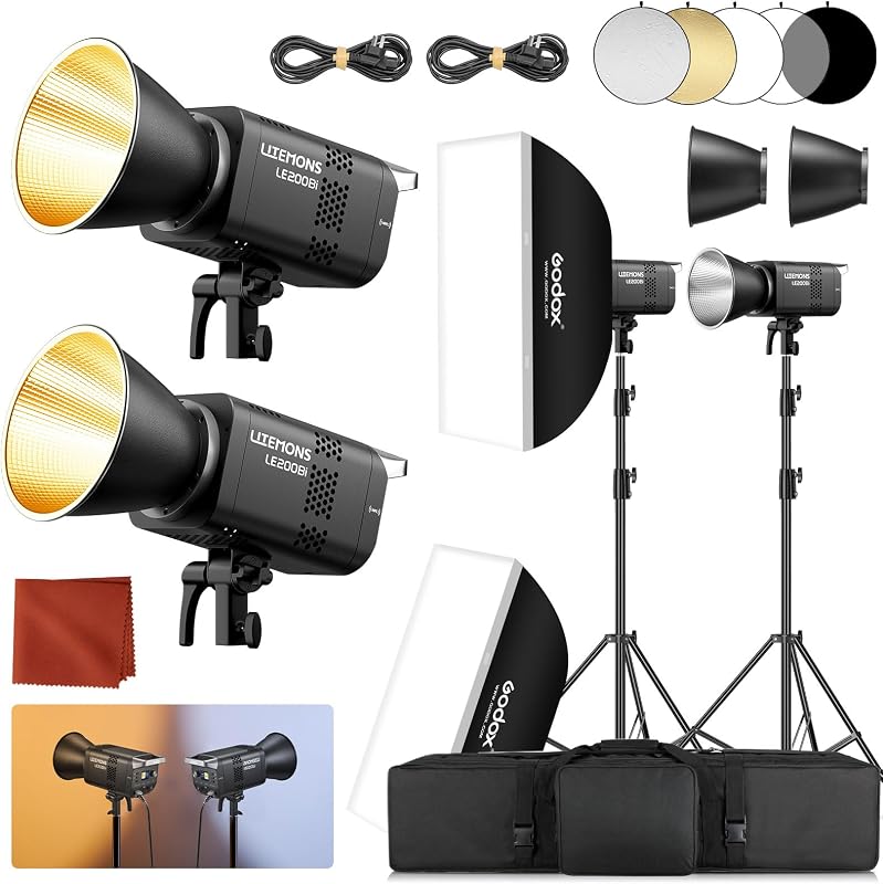 Godox LE200Bi Kit de iluminación con soporte de luz/Softbox/estuche de transporte/5-1 reflector LED bicolor kit de iluminación de vídeo continuo profesional, CRI 98+, 2800K-6500K, 57700 Lux para estudio