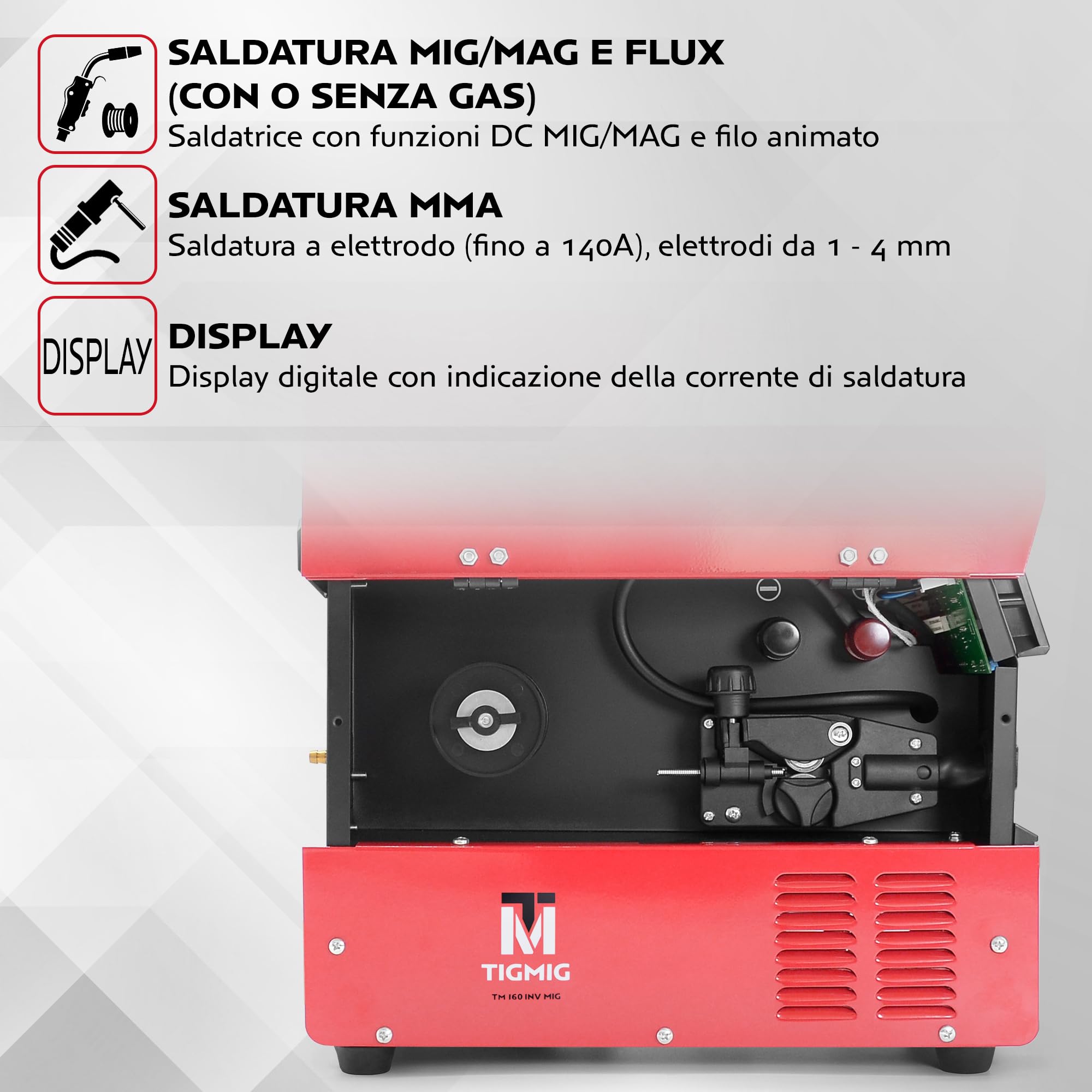 TIGMIG Saldatrice Inverter IGBT DC MIG/MAG A Filo Continuo + FLUX Filo Animato + MMA Elettrodo, Modello TM160INVMIG, Fino 160 A, Accessori e Bobina Filo Animato Inclusi, Assistenza e Garanzia Italia