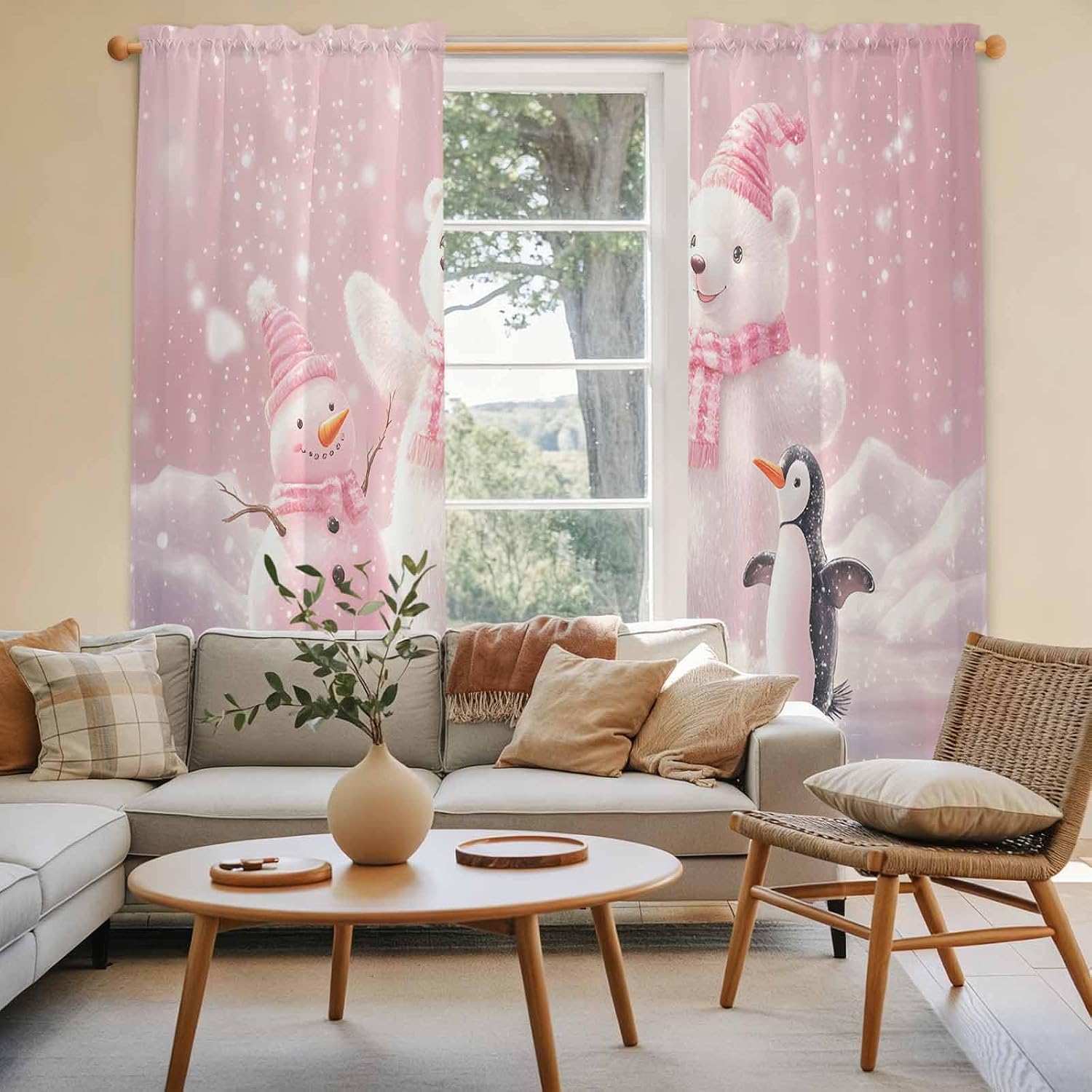 Christmas Pink Window Curtains 72 Inch Long 2 Panel Set, Rod Pocket Long Curtains & Drapes, Bear Penguin Snowman Cute Animal Ombre Light Filtering Window Treatment for Bedroom Living Room 52"W x 72"L