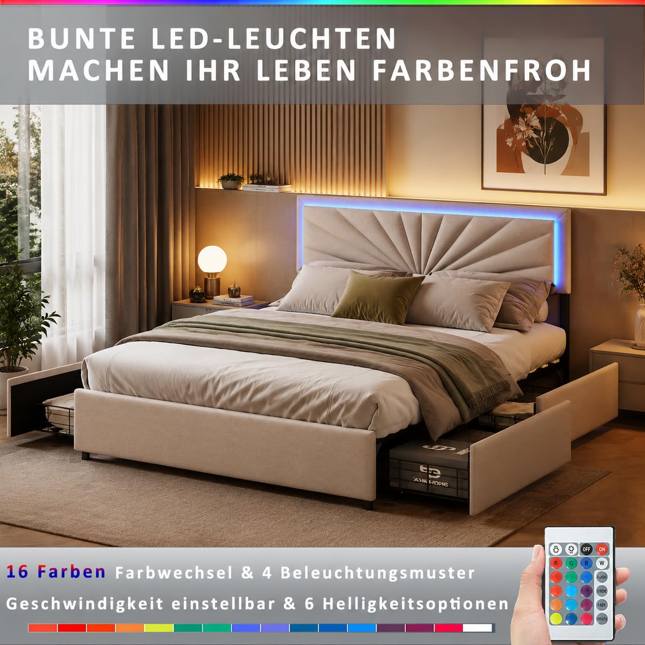 CDQL Letto matrimoniale 160 x 200 cm, con 4 cassetti per riporre oggetti, letto imbottito, letto a LED con testiera regolabile in altezza, struttura del letto con rete a doghe, lino, beige