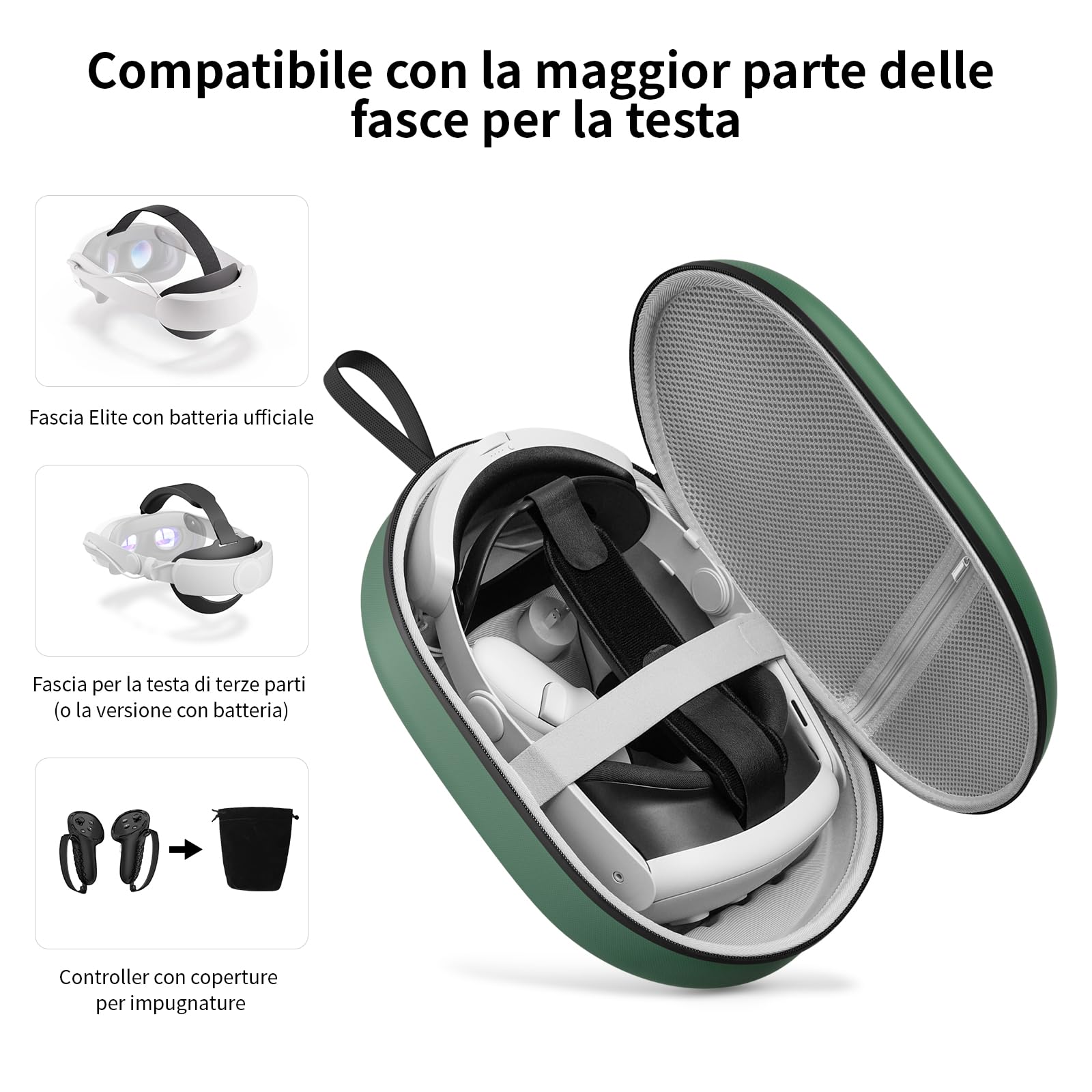 Custodia per Meta Quest 3S/Quest 3, Compatibile con il cinturino Battery Elite, controller e altri accessori, Custodia rigida per il trasporto e protezione superiore per viaggi, Verde - 4