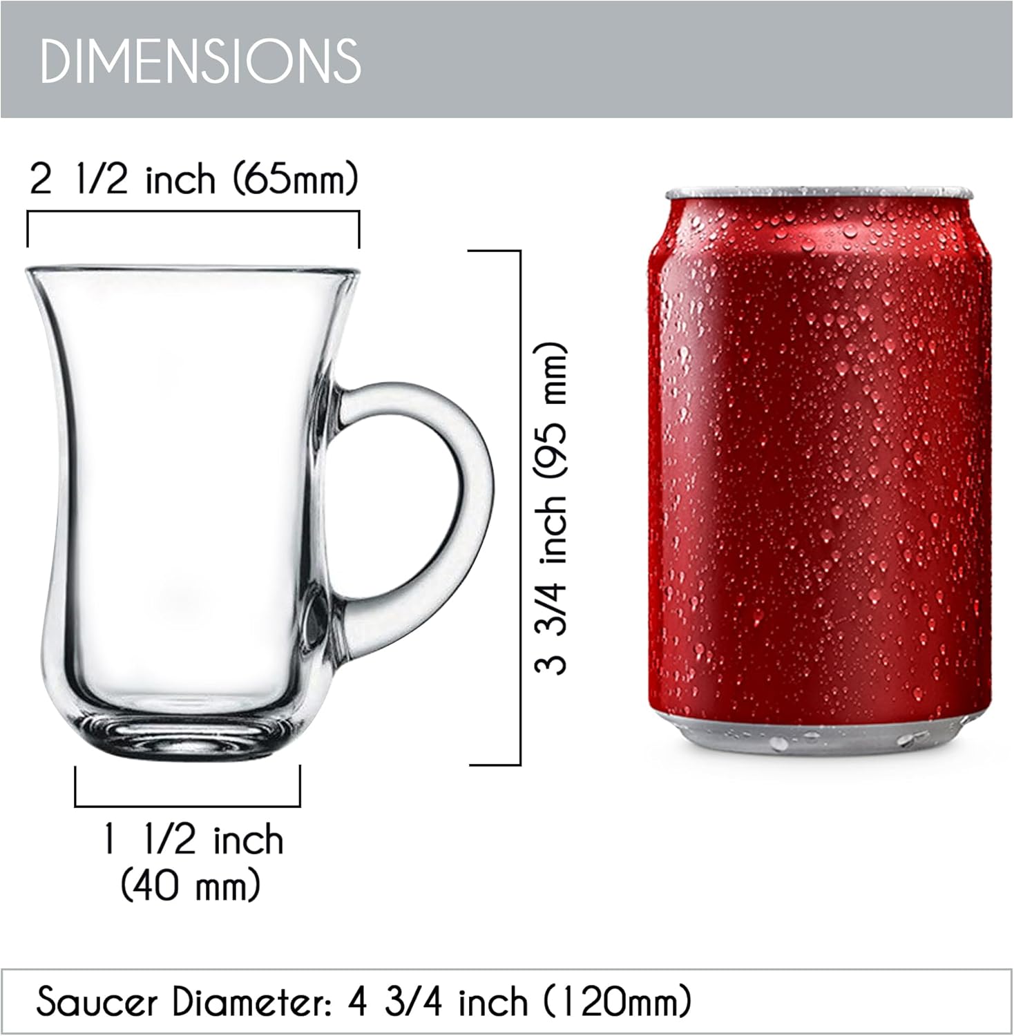 Volarium Small Turkish Tea Set 12 Piece Modern Turkish Tea Glasses & Saucers Set, 6 PCs 4.9 oz (145 cc) Clear Glass Tea Cups with Handle and 6PCs Glass Saucers