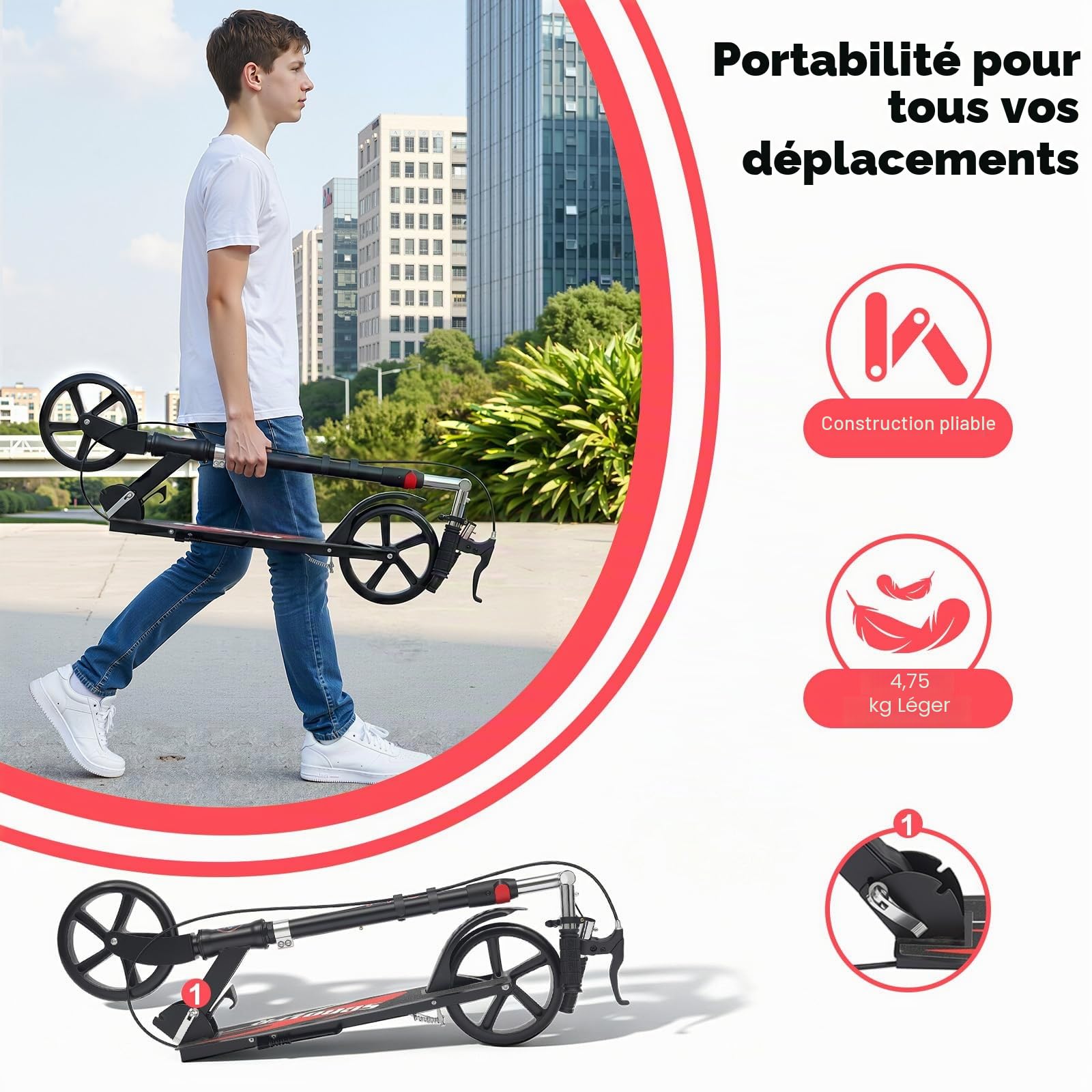 Trottinette pliable TAPMING avec frein à main et à pied, capacité de charge maximale 150 kg, avec panier, hauteur réglable, noir