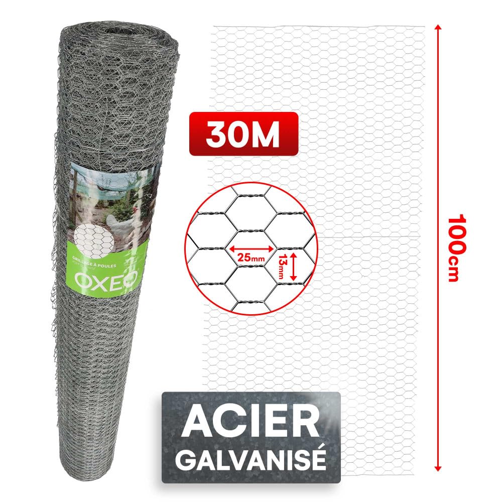 Oxeo Grillage à Poule 30 mètres Hauteur 1m - en Acier galvanisé – Maille hexagonale 25x13mm - Filet de clôture pour poulailler