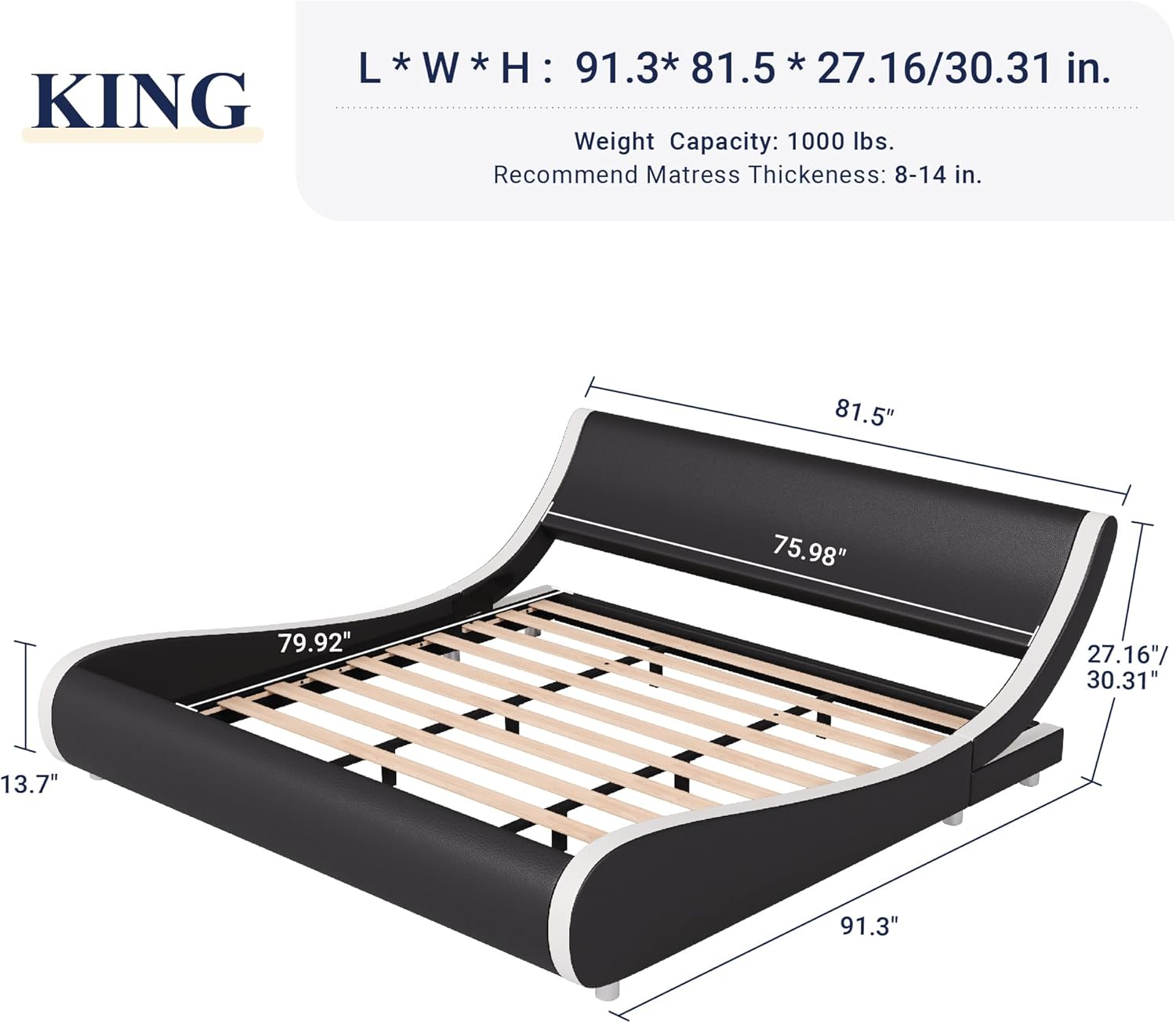 Diagram showing the dimensions of the King size bed frame