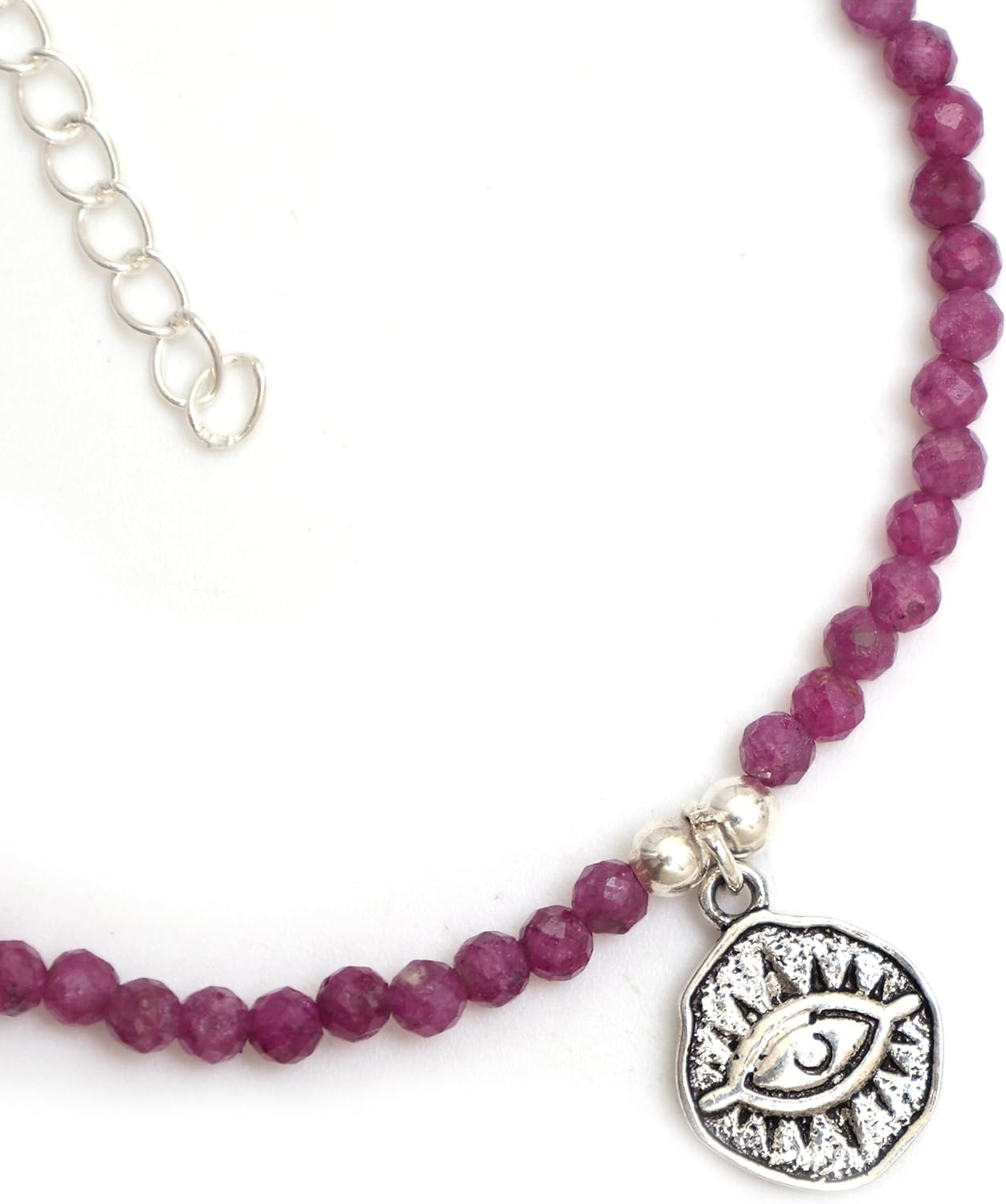 Evil Eye Bracelet with 3mm Faceted Natural Gemstone Beads, Black Tourmaline/Ruby/Lapis Lazuli, 6.50"+1.50" Adjustable Sterling Silver Bracelet, - Image 4