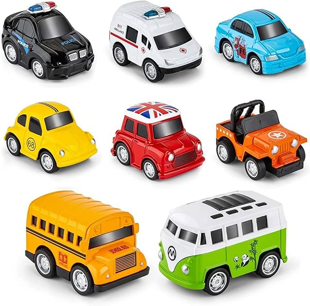 onehous Die-cast Metal Pull Back Cars, Up Grade 8 Pack Kids Alloy Vehicles Friction Powered Toy Monster Trucks Buses for Boys, Pull Back Cars for Aged 3-14 Year Old Children