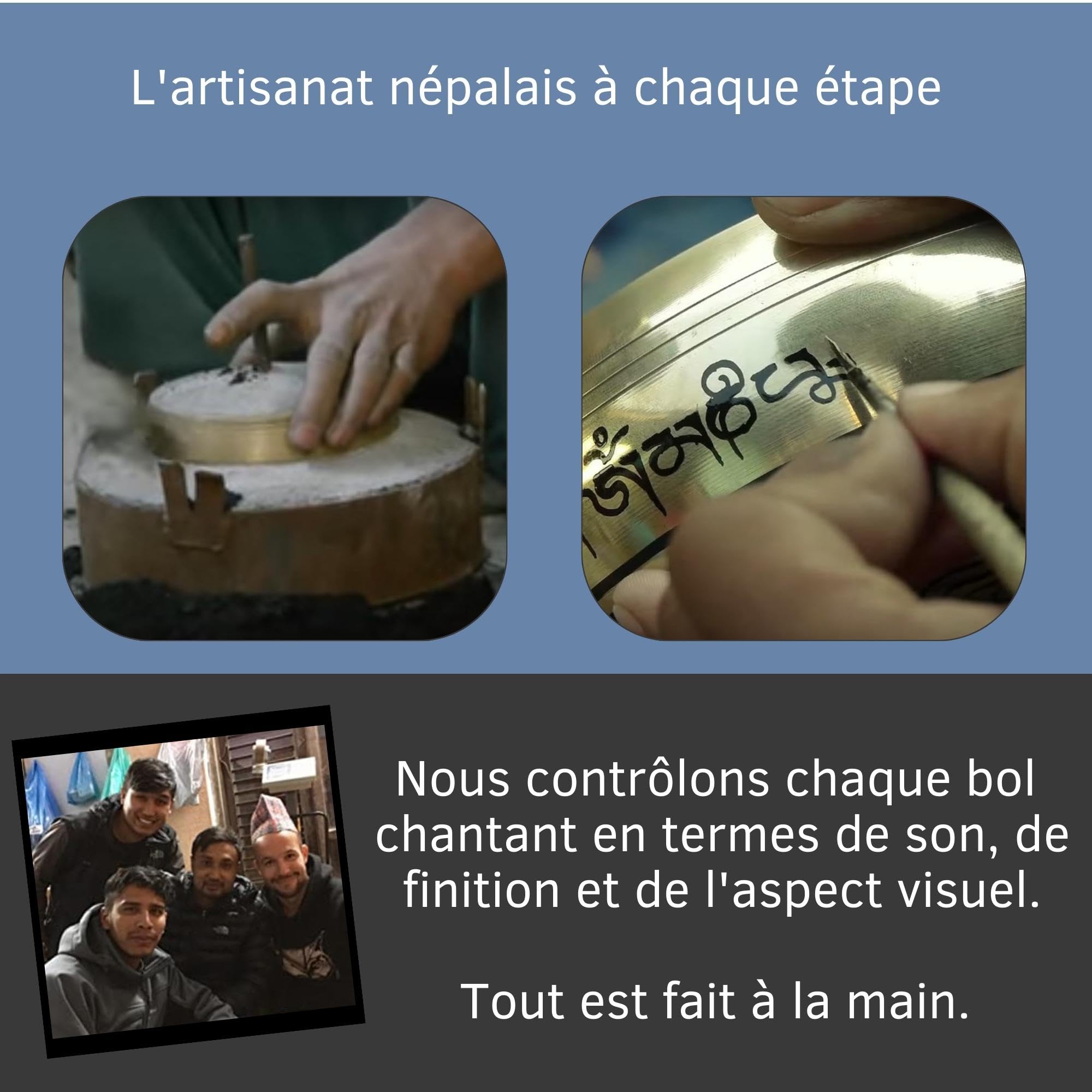 XL Bol chantant fait main au Népal – set tibétain pour la méditation – Yoga – Fuseau avec du cuir – Box de papier Lokta