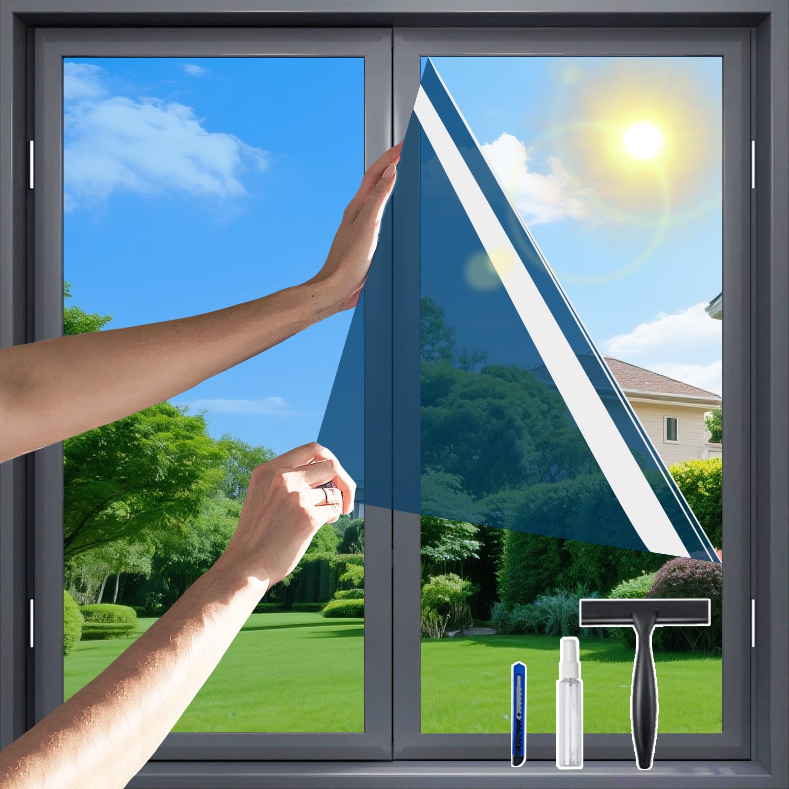 One Way Privacy Window Film，Flueen Shatterproof PET Window Tint for Heat Control & 99% UV Protection Blackout Window Treatment for Home, Office Doors