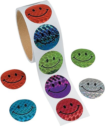 Fun Express Rollo de calcomanías de sonrisa láser de papel vibrante, 1.5 pulgadas (1 rollo de 100 calcomanías), perfecto para niños, recuerdos de
