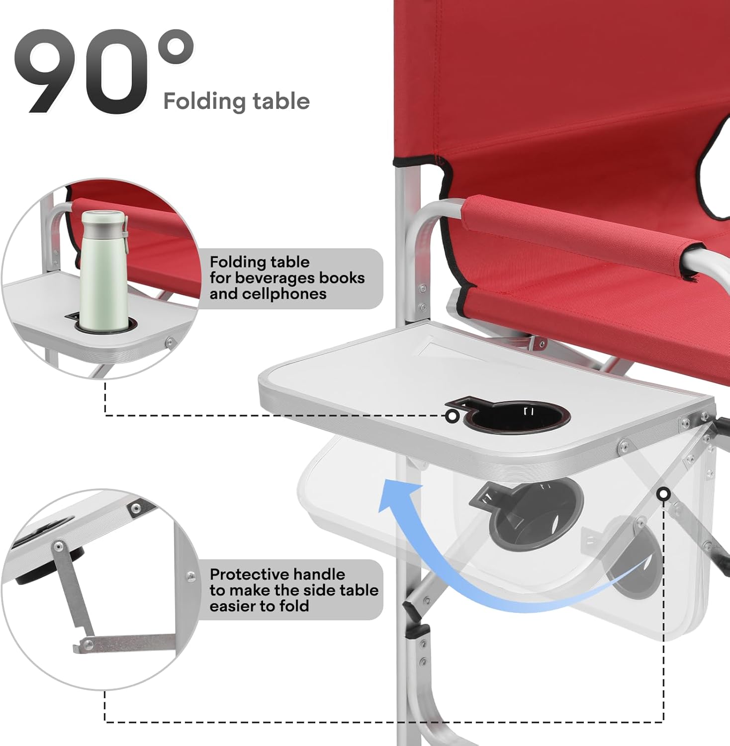 Athena Collection 44.5" Tall Directors Chair, Folding Makeup Artist Chair with Side Table Cup Holder Pocket Footrest, Outdoor Portable High Chair Barber Chair Supports 250LBS, Red