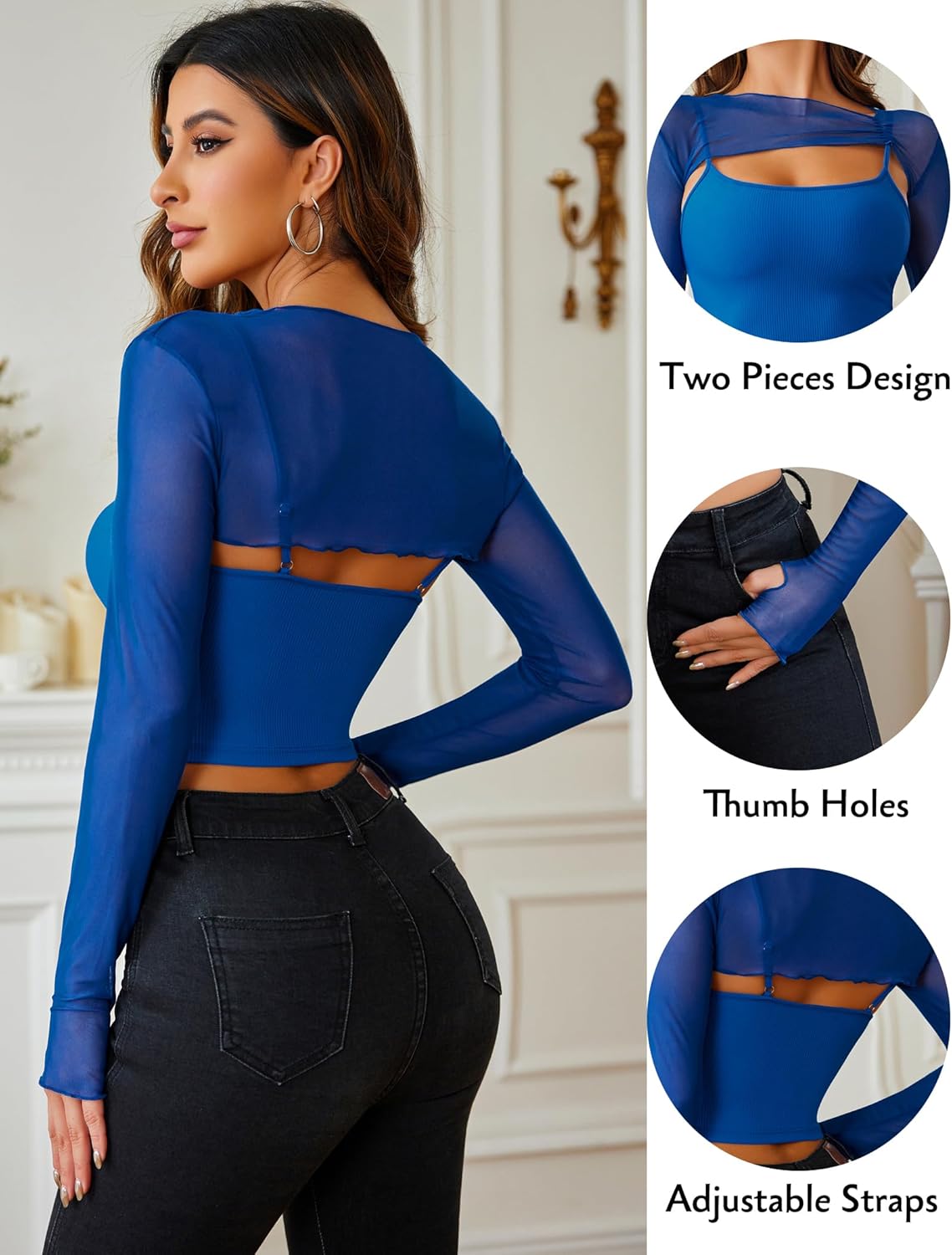 Avidlove Women Sexy Long Sleeve Mesh Crop Top Solid Cover Up with Spaghetti Strap Cami Top 2 Pieces Clubwear with Thumb Holes - Image 3