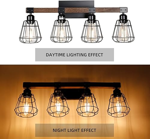 Miniatura 4 de Lámpara de tocador de baño, lámpara de pared rústica de madera de 4 luces, accesorio de iluminación industrial de baño sobre espejo, moderno aplique