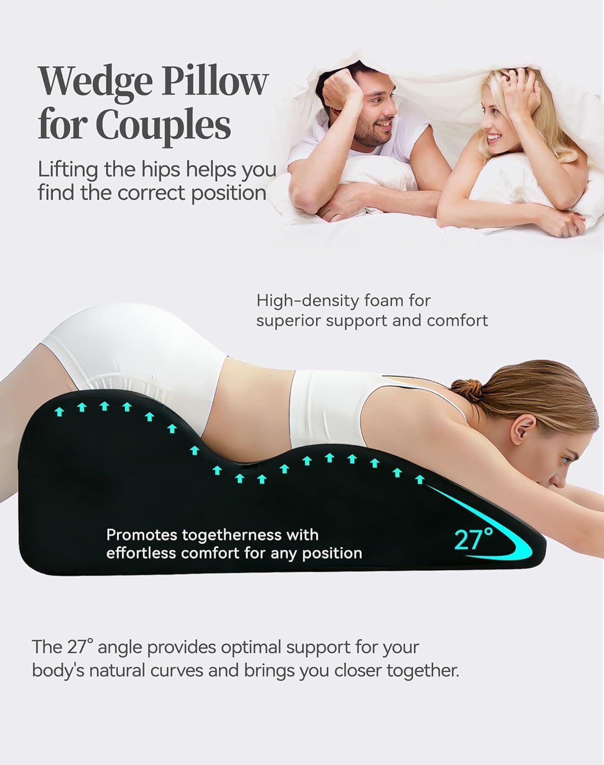 Memory Foam Wedge Pillow for Couples Intimacy, 27 Degree Ergonomic Sex Position Pillow Cushion Sweet Spot Pillow for Bed, Back Support, Ideal for Waist, Neck, and Multi-Position Comfort - Black