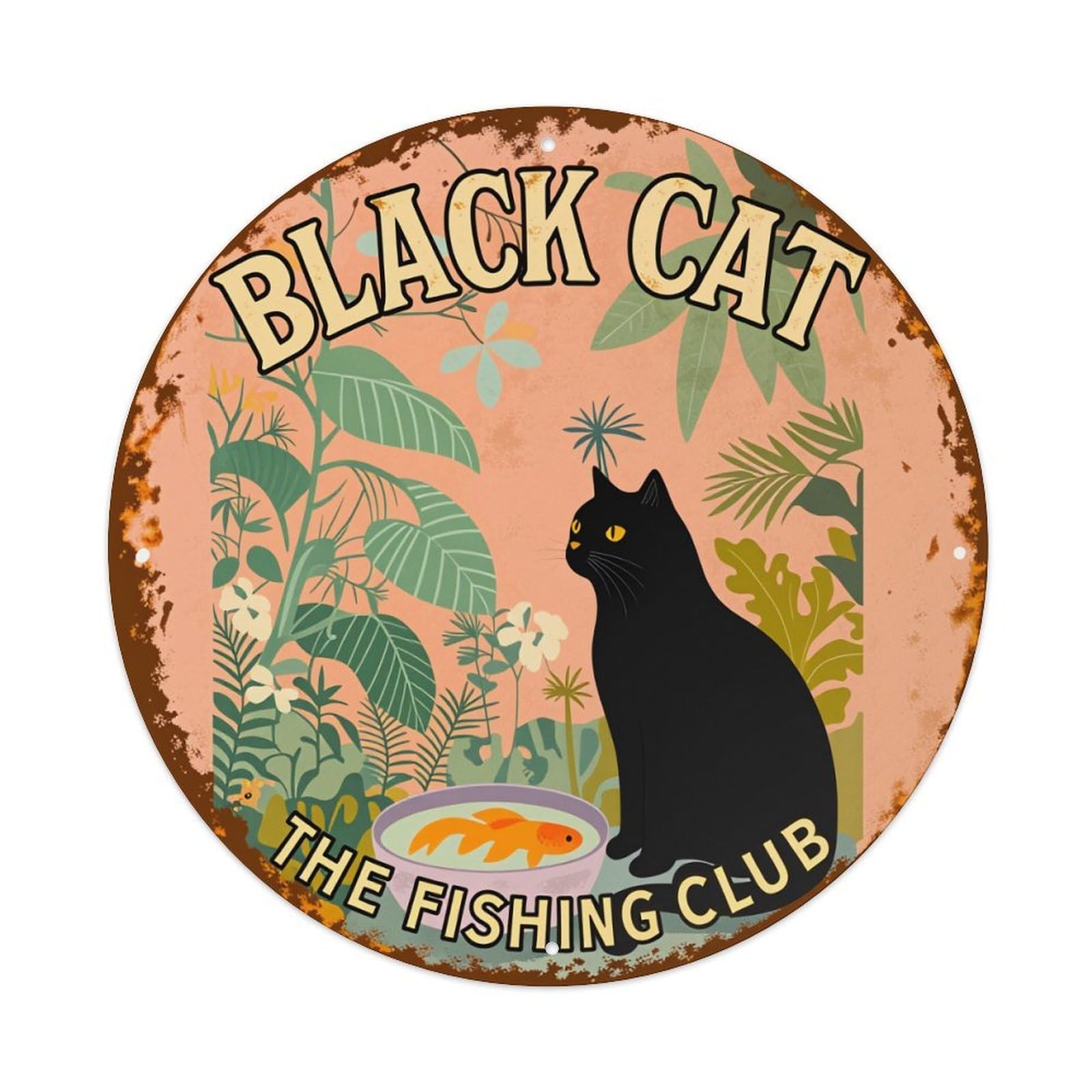 Black Cat Fishing Club Tropical Garden Scene Metal Tin Sign Plaque
