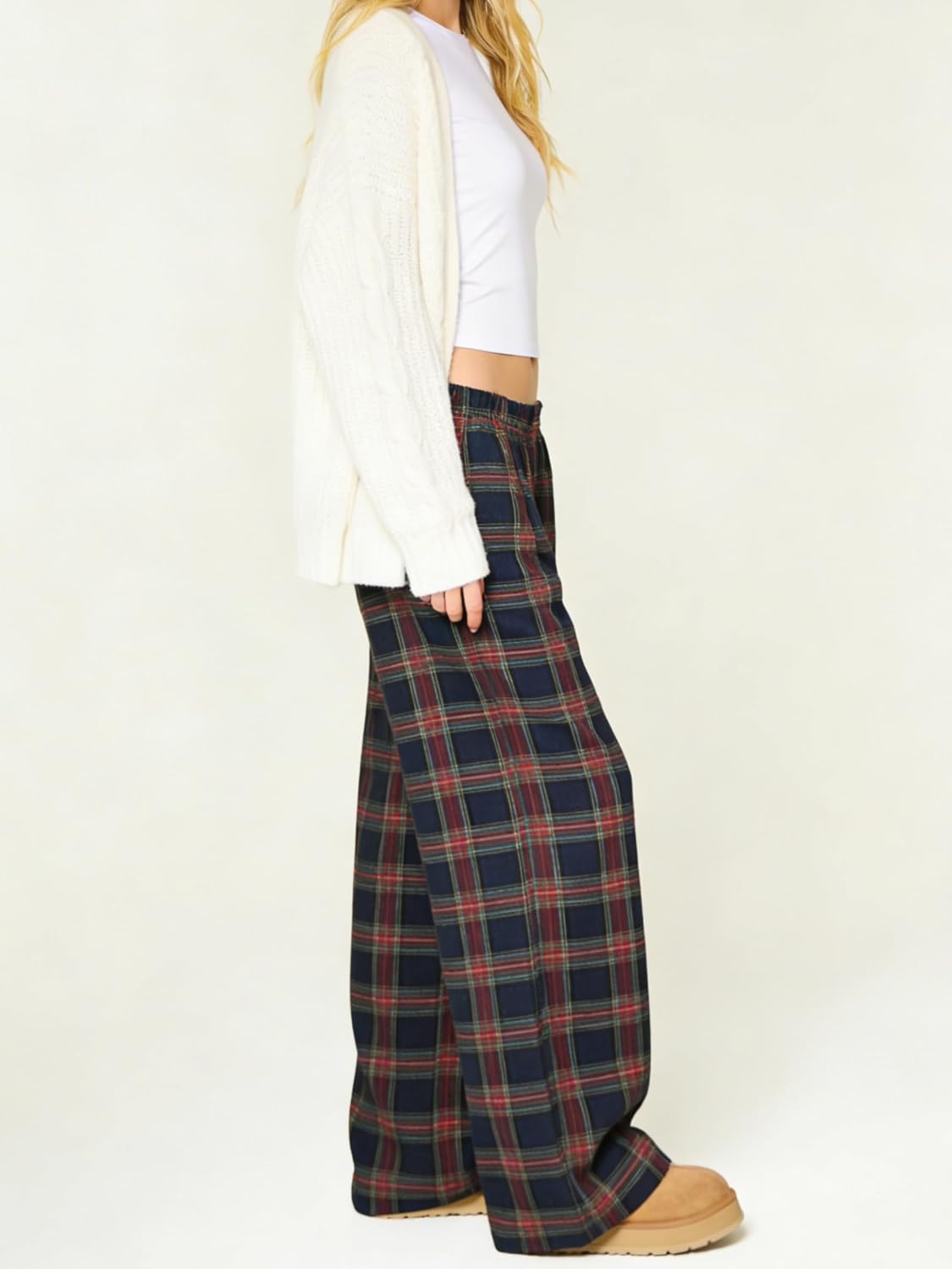 Tsher Womens Lounge Cozy Plaid Pants with Foldover Elastic Waistband and Pockets Comfy Baggy Flannel Pajama Bottoms