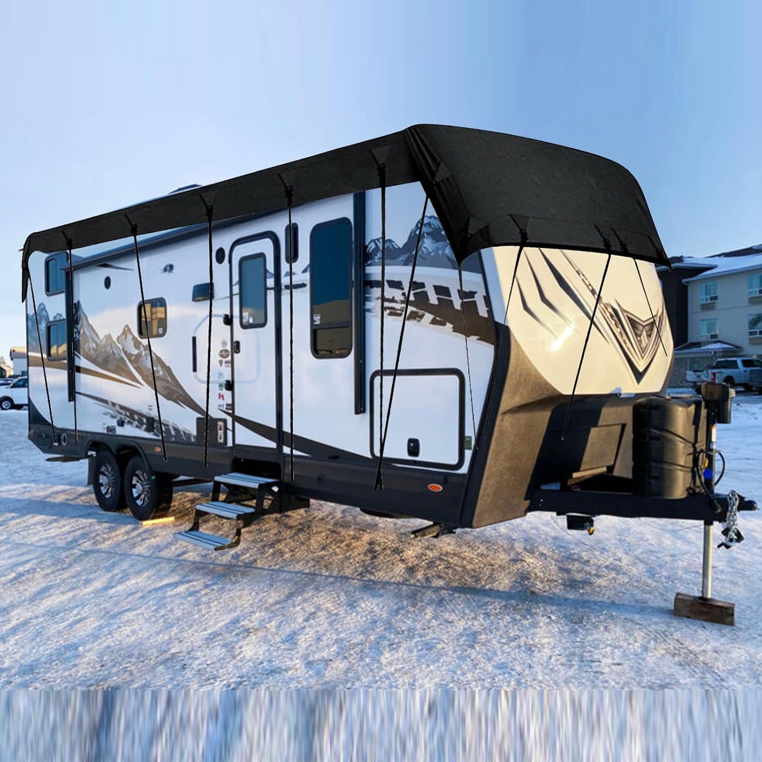 Heavy Duty RV Roof Cover - 210D Oxford Cloth, Fits 34-36 ft RVs, Travel Trailers, Class A/B/C Motorhomes, Popup & Truck Campers,Wind, Rain and Snow Proof (Black, 16ftx10ft)