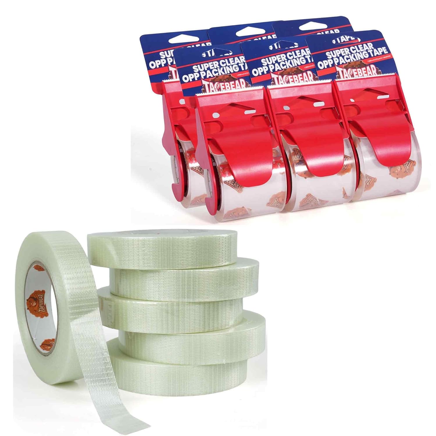 TAPEBEAR Bi-Directional Filament Strapping Tape 1 Inch x 60Yards + No Noise Packing Tape with Dispenser, 2.6mil Thick, 1.88" x 22yd