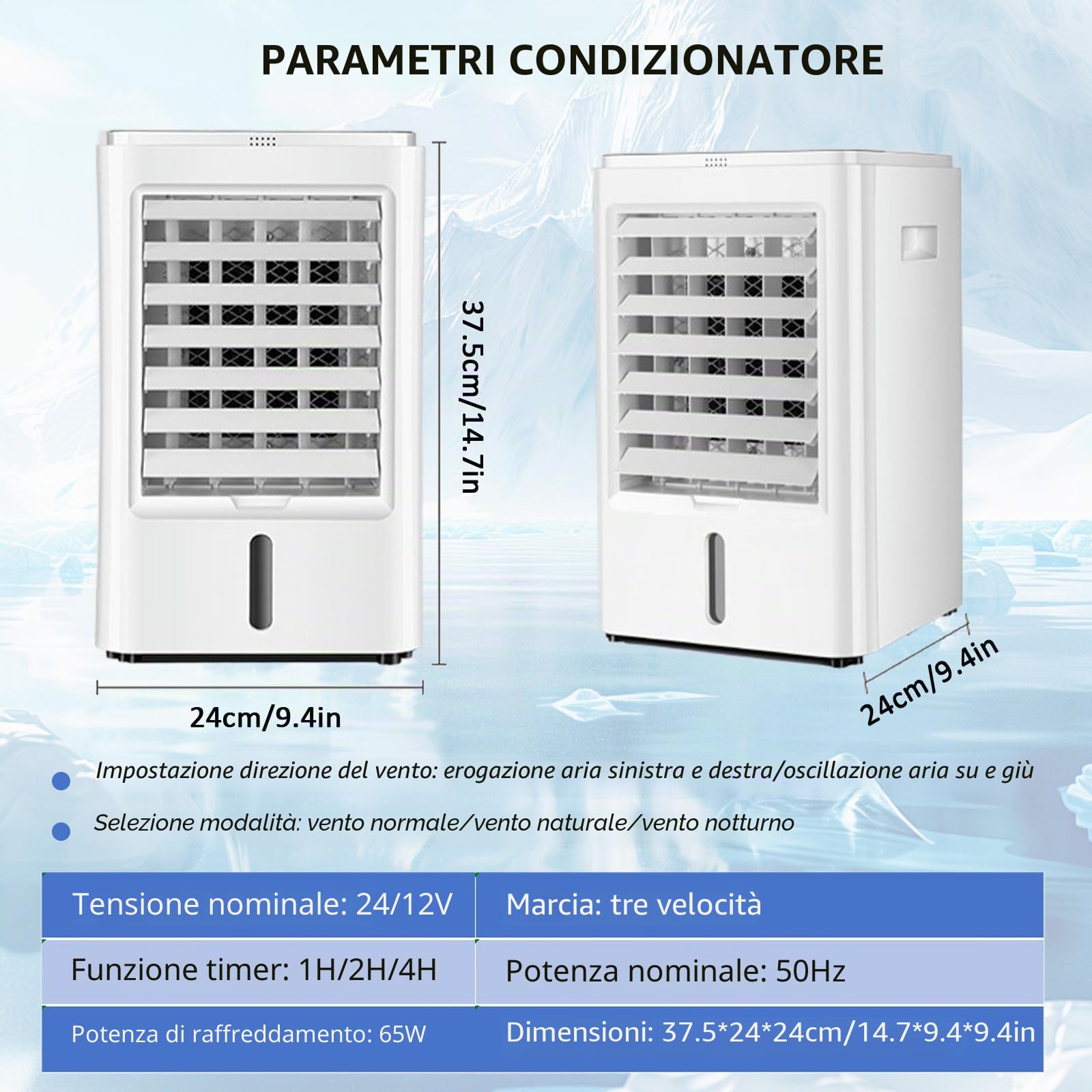 Condizionatore D'Aria Portatile con Telecomando, 3 Velocità, 1/2/4H Timer, Ventilatore Dello Scrittorio Umidificatore e Purificatore, Raffreddatore Evaporativo Silenzioso per Casa e Ufficio,24V