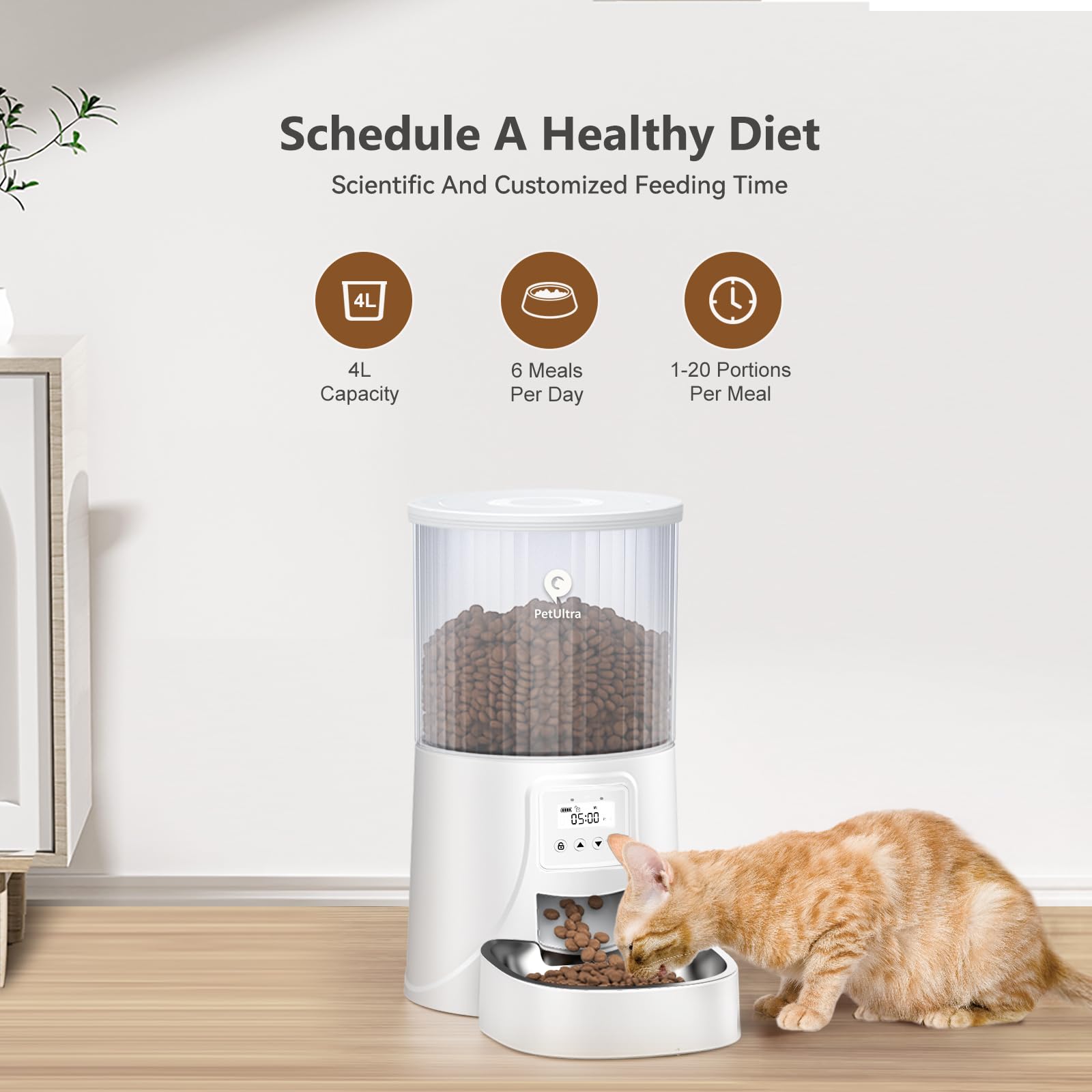 PETULTRA Automatic Cat Feeder: 4L Timed Cats Food Dispenser Programmable 1-6 Meal for Cat and Small Medium Dog- Auto Pet Feeder Easy to Set Up Dual Power Supply with Desiccant Bag| Detachable Washable