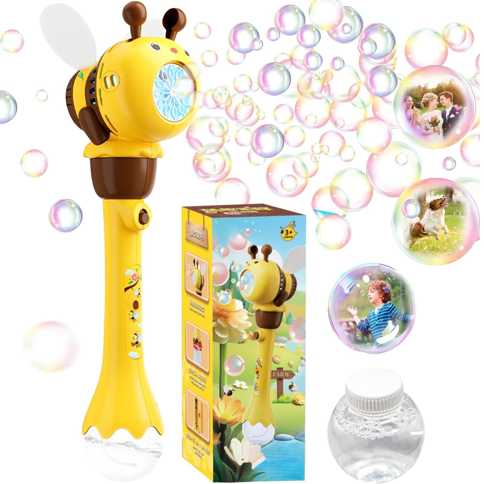 Pistola Pompas De Jabon Niños, Pistola De Burbujas para Niños De Abejas, Varita Burbujas De Jabon Niños con Solución De Burbujas De Más De 10000 Burbujas/Minuto, para Exteriores/Fiestas/Bodas