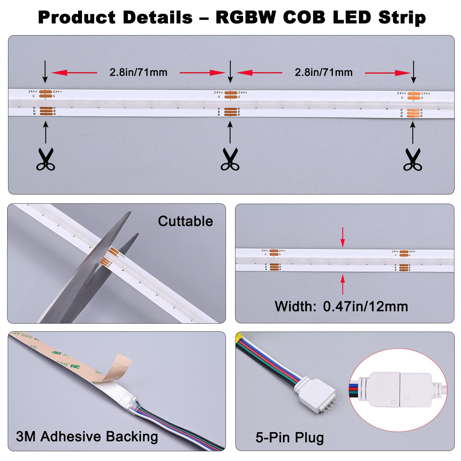 Striscia LED RGBW COB Bianco Freddo 6000K 10M 24V CRI 90+ | Sincronizzazione Musicale Multicolore Dimmabile 7840LEDs Larghezza 12mm RGB+6000K Kit per Camera da Letto, Sala Giochi, Feste