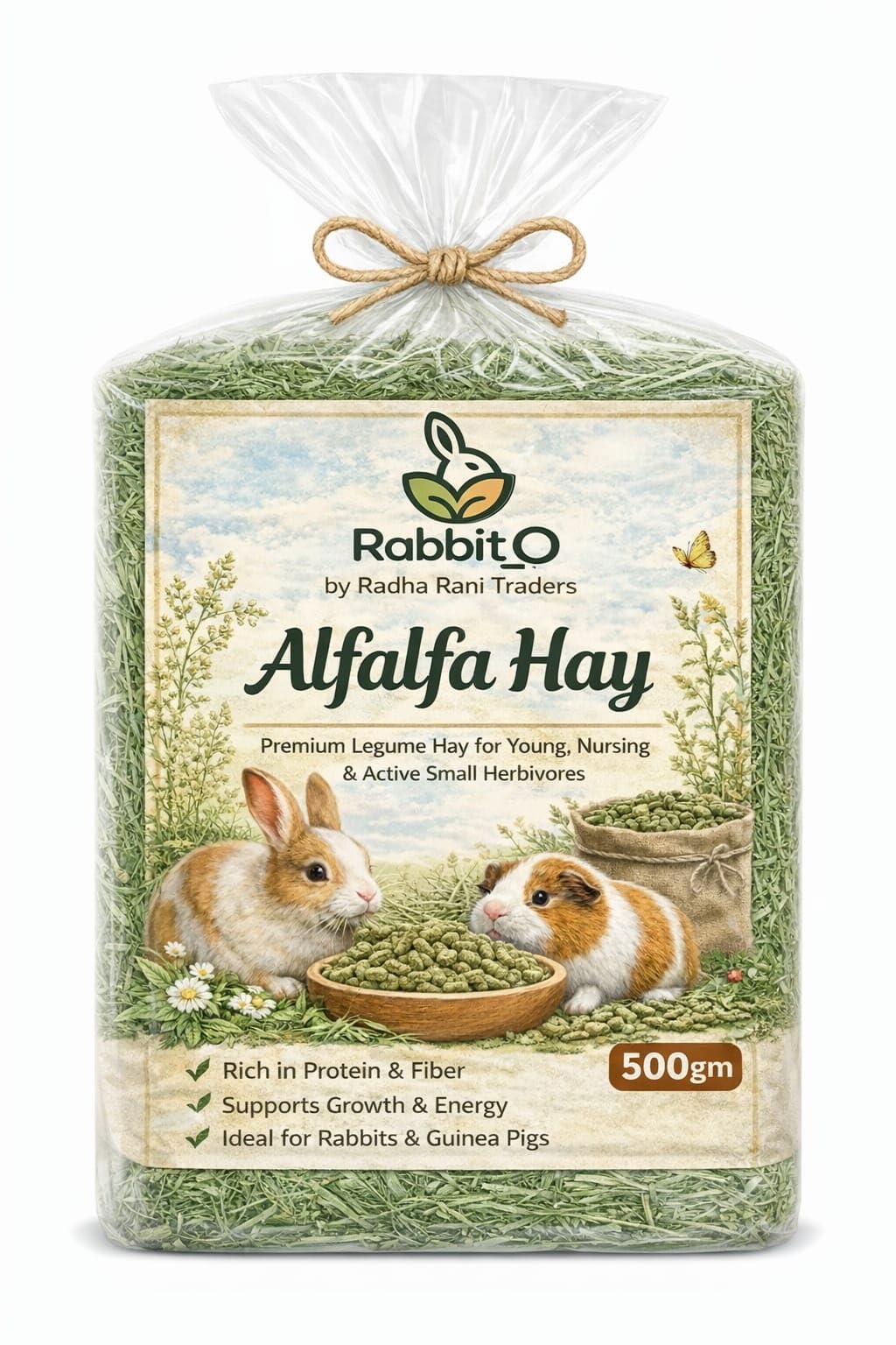 Rabbit_O Premium Alfalfa Hay for Rabbits, Guinea Pigs and Hamsters, High Protein, 500 Gram