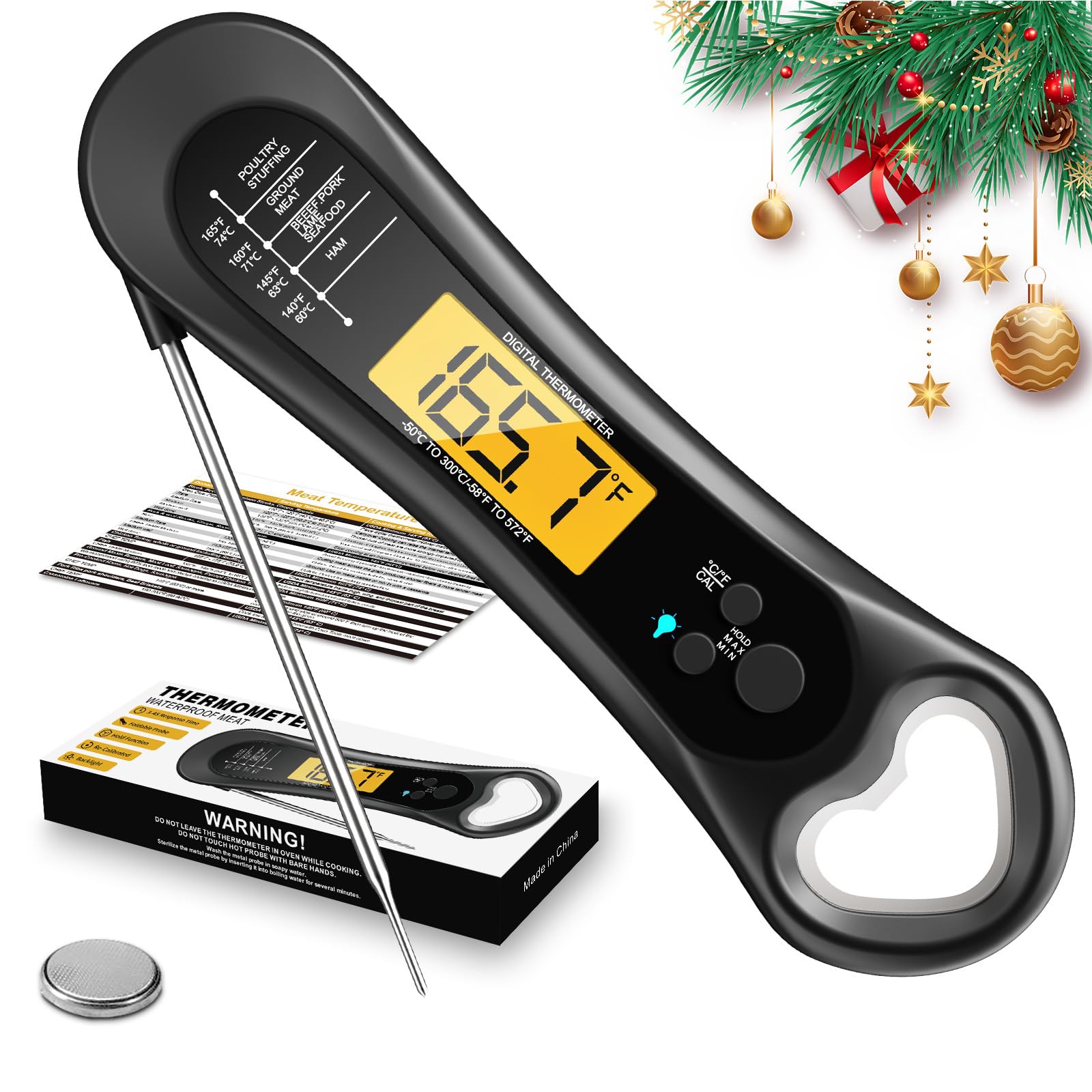 Meat Thermometer Digital, Instant Read Meat Thermometer for Grill and Cooking, with Bottle Opener, Backlight & Calibration...