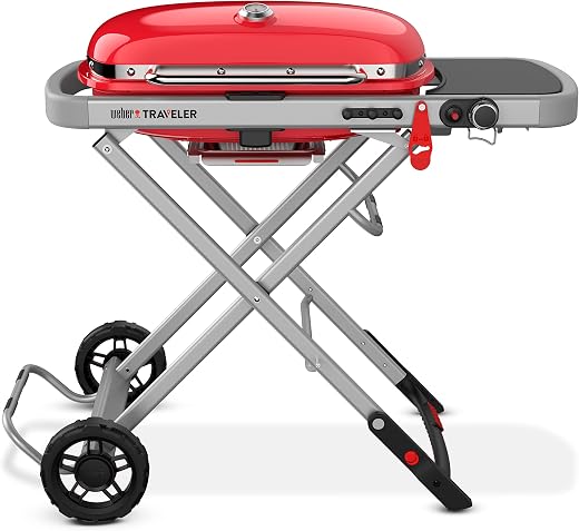 Weber Traveler Portable Gas Grill – Red Edition | Compact Foldable BBQ Grill with Large Cooking Surface | Ideal for Campin...