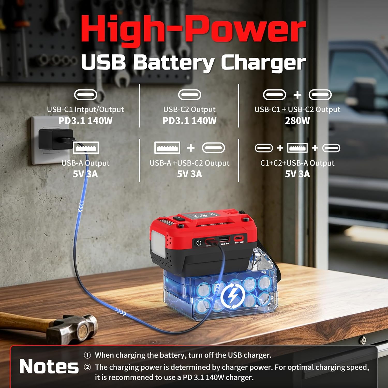 140W Battery USB Charger Compatible with Milwaukee 18V Battery, Fast Charger Adapter Replacement, Featuring 2 PD3.1 USB-C Port, 1 QC18W USB-A Port, 700LM LED for Outdoor Jobsite Camping(Adapter Only)