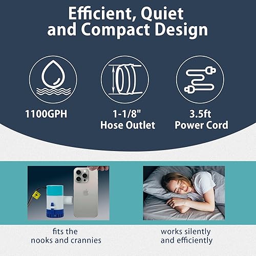 Miniatura 5 de WASSERMANN Bomba de sentina 12V 1100GPH, pequeña bomba de agua de sentina sumergible marina para barcos con cable de alimentación largo, alta