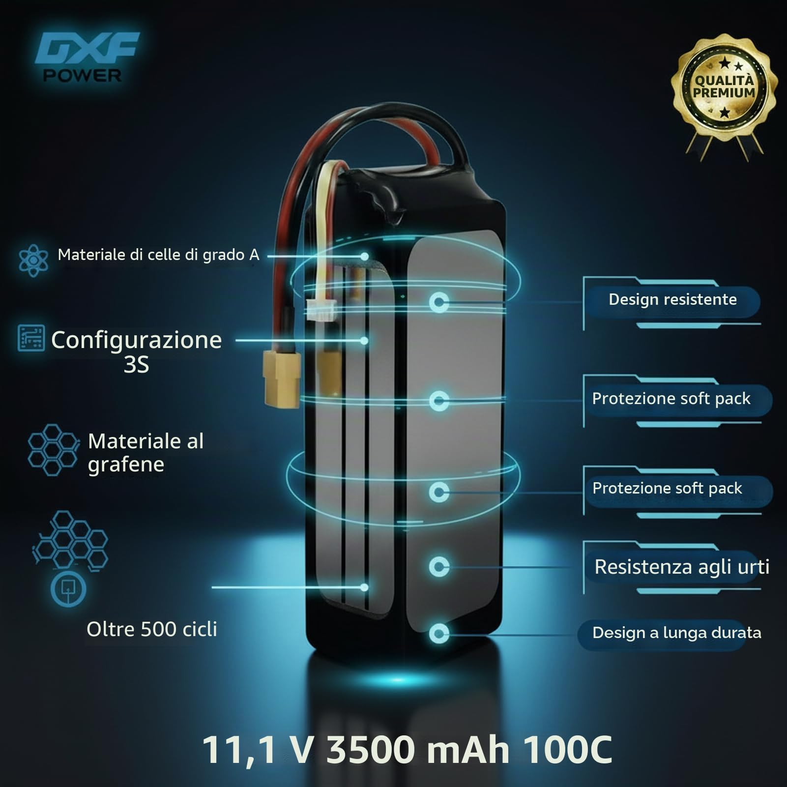 DXF Batteria LiPo 3S 11.1V 3500mAh 100C Spina XT60 Auto RC 1/8 1/10 Truck Buggy Monster Jam Compatta Leggera Potente Gare Racing Modellismo 2 Pezzi