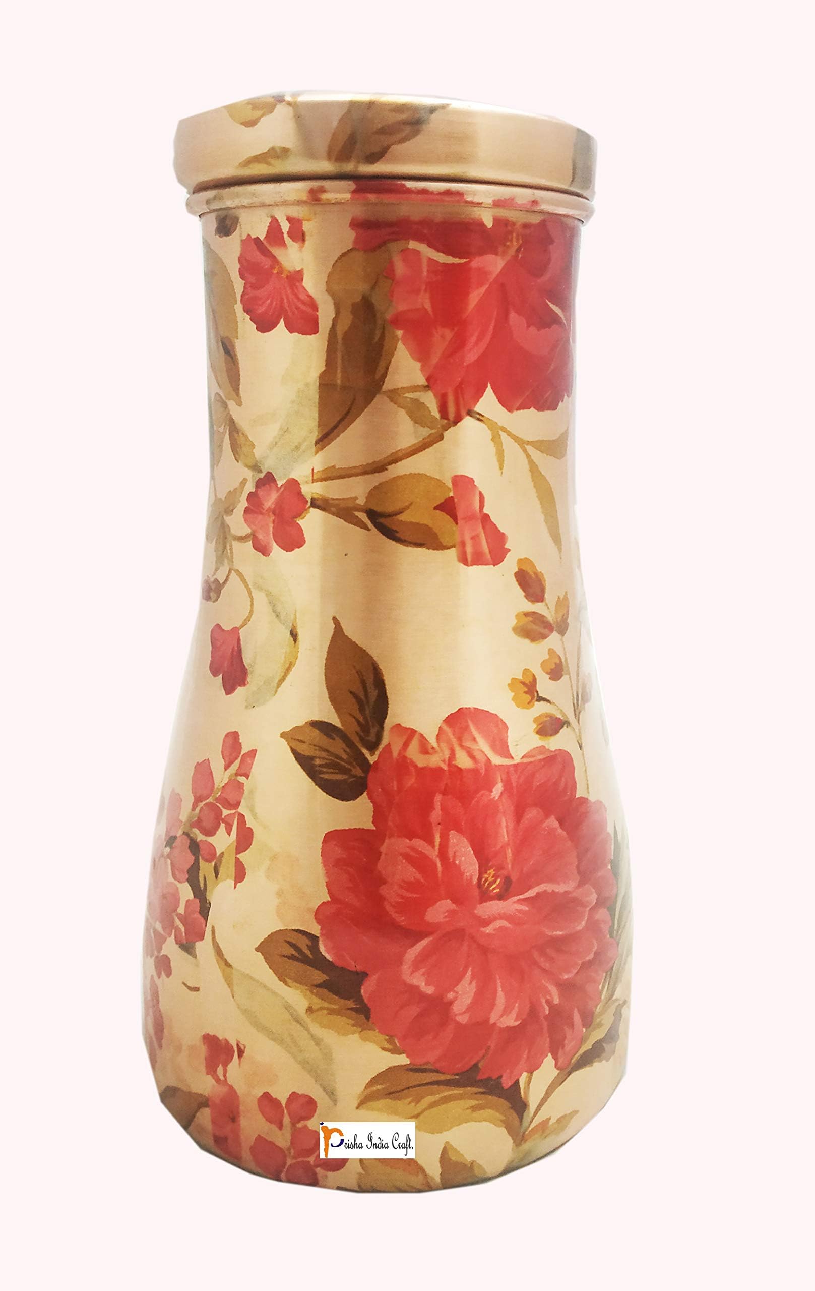 Prisha India Craft 100% Pure Copper Water Bedroom Bottle | Bedside Carafe | Bedroom jar with inbuilt Copper Glass/Vessel 1 Liter