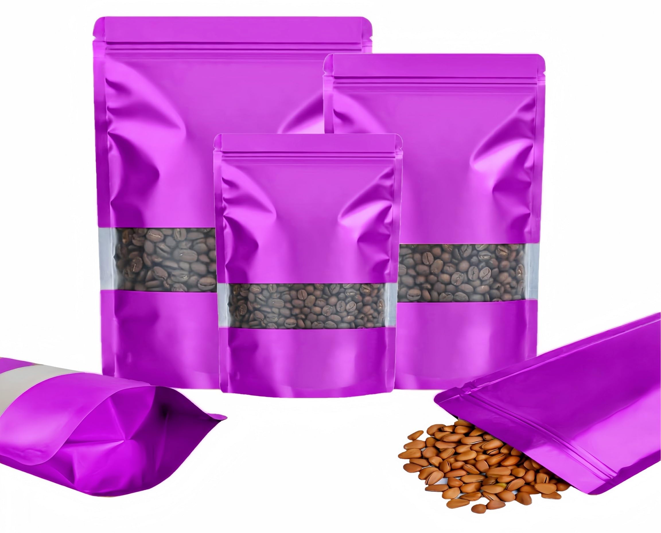 Rimiko 100pcs Resealable Stand up Foil Pouches with Clear Window, Zipper Aluminum Ziplock Bags, Mylar Bags for Food Storage, Colorful Matte Packaging for Candy Coffee Beans (Violet, 3.9"x 5.9")