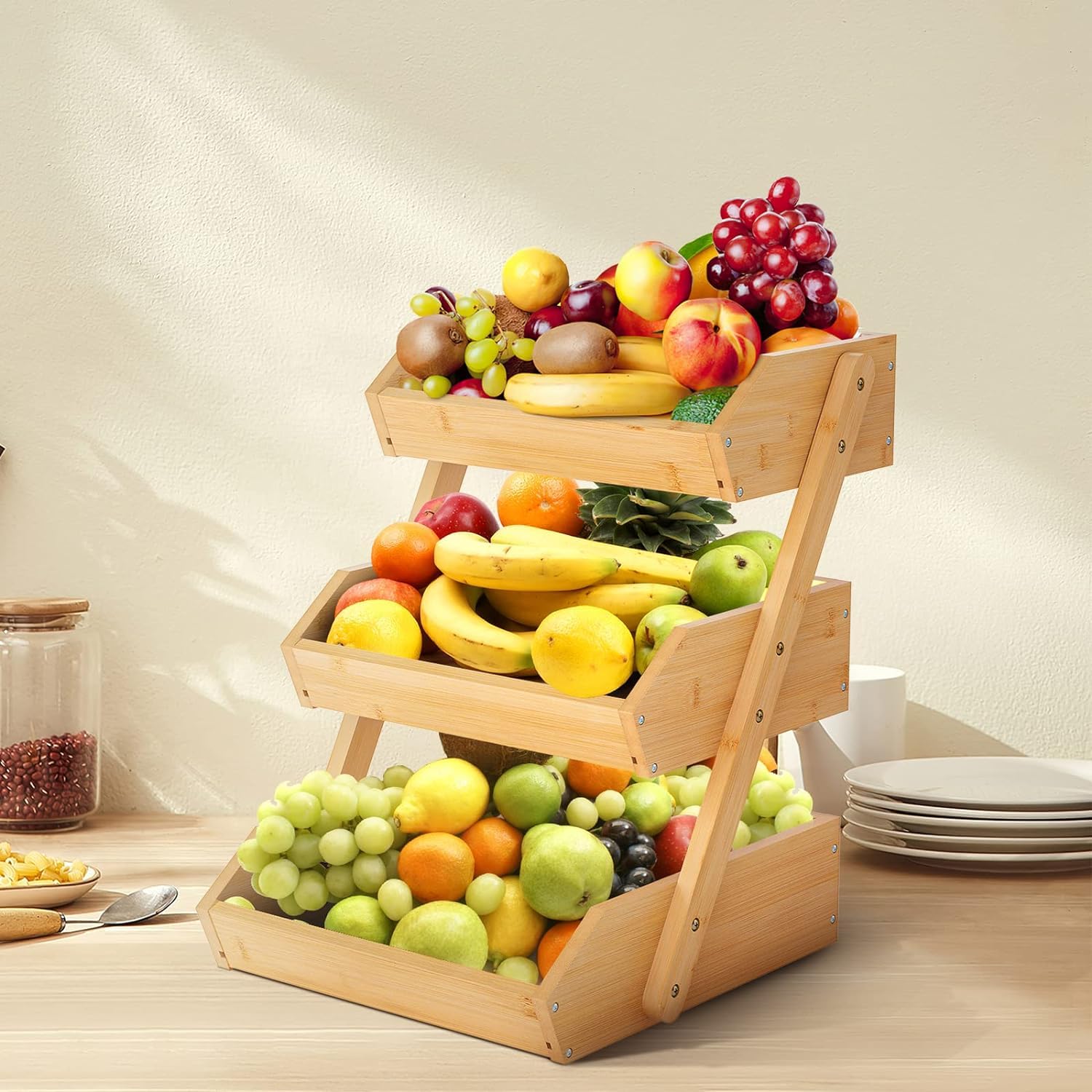 Tyenaza Obstkorb Bambus, 3-stufiger Obst und Gemüse Aufbewahrung Obstschale Abnehmbarer Obstständer Aufbewahrung Halter für Gemüse Snacks Brot Küche