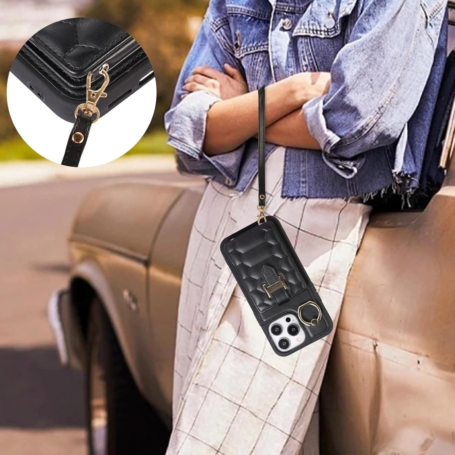 Wallet Case for iPhone 15 Pro Max/15 Pro/15 Plus/15, 360°Rotation Finger Ring Holder Stand Quilted Leather Slim Protective Cover with Card Slots Shoulder Strap Wriststrap