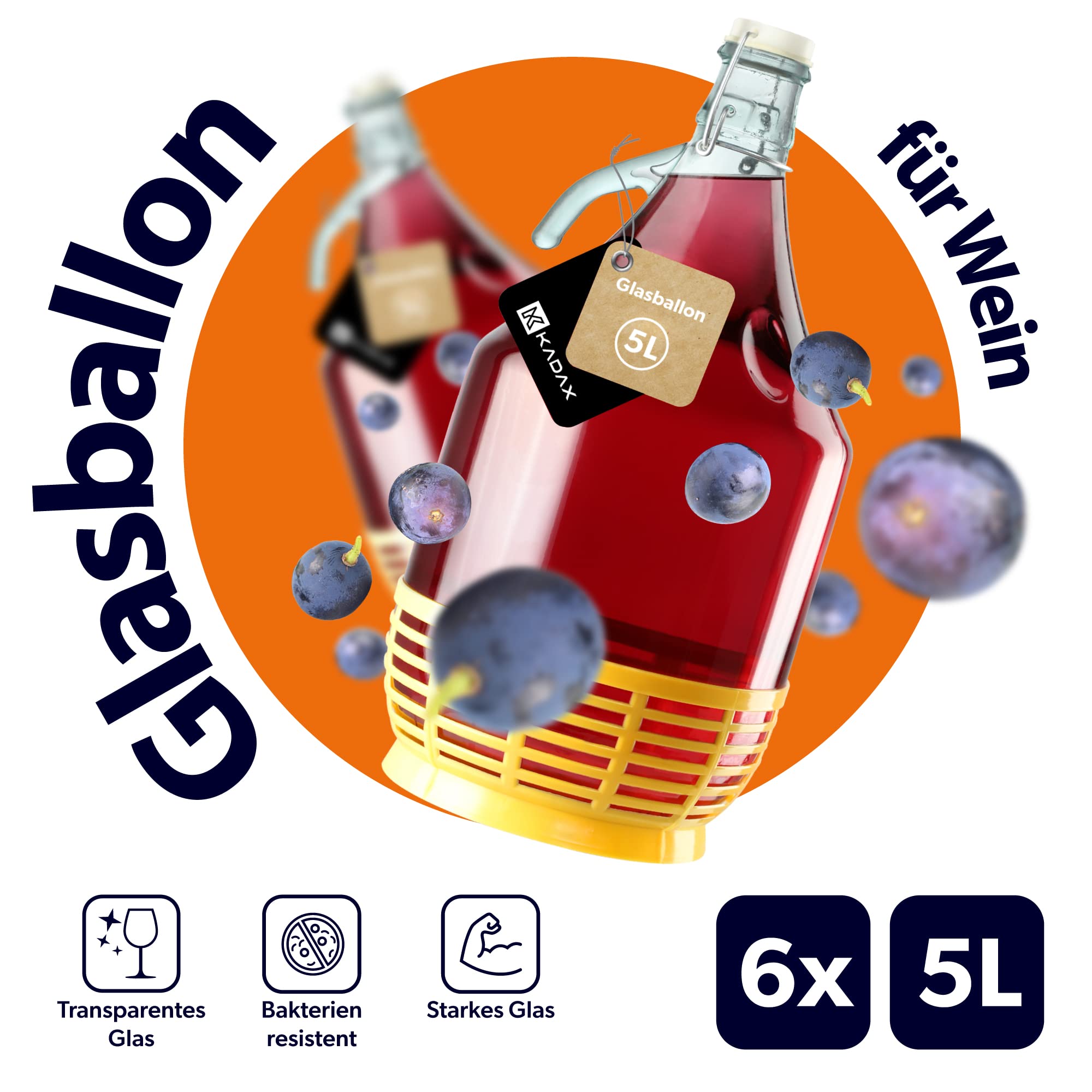 KADAX Lot de 6 bonbonnes en Verre 5L – Ballons de Fermentation pour vin, bière & cidre