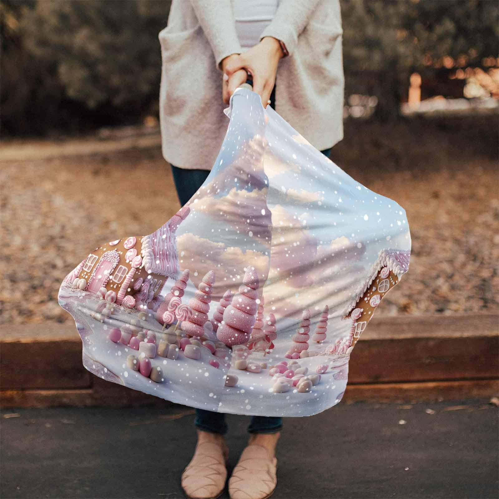 Nursing Cover for Breastfeeding Scarf, Light Pink Dreamy Candy House Falling Snow Baby Car Covers Super Soft Multi Use for Canopy Shopping Cart Cover Blanket Stroller Cover