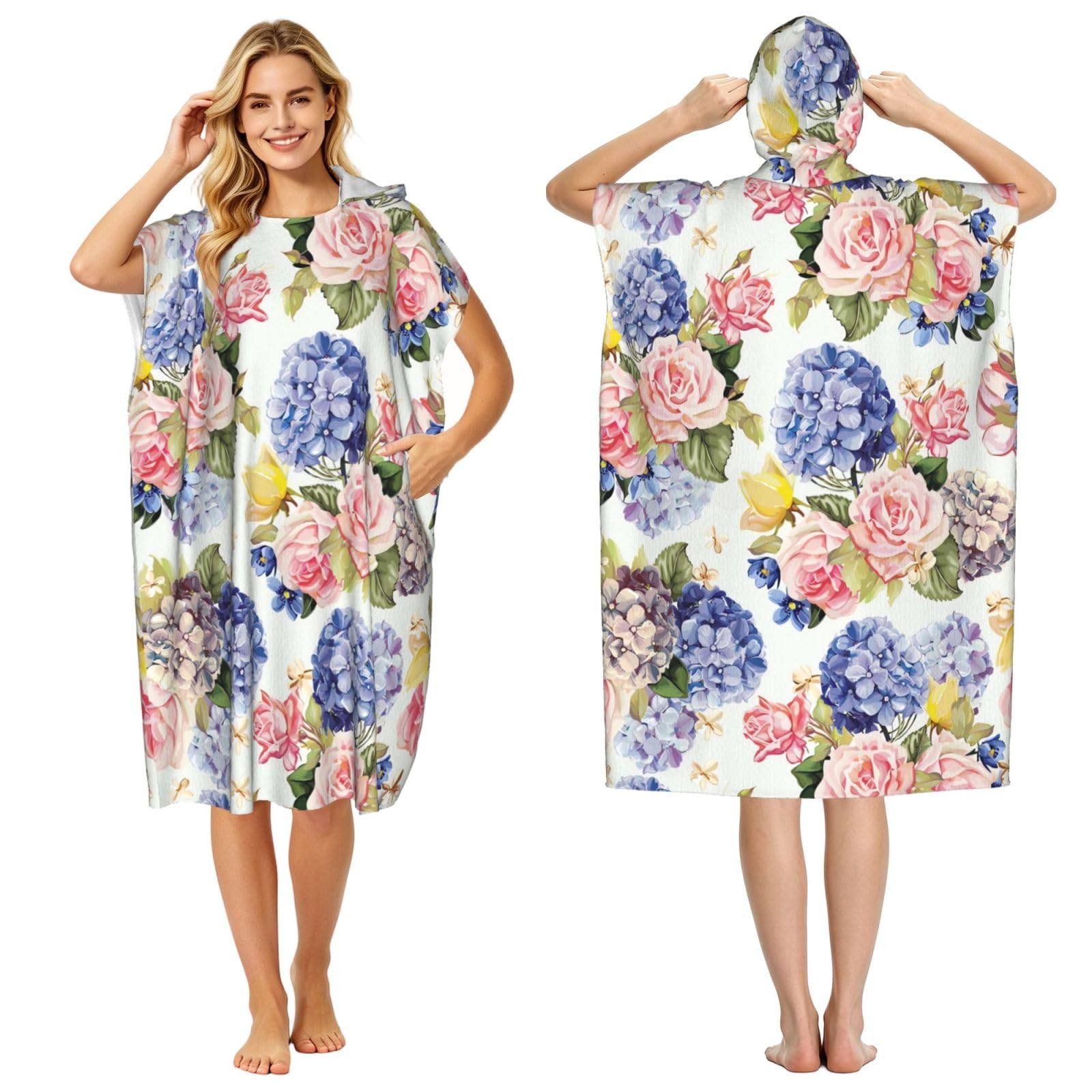 Poadnly Hydrangea Rose Flower Spring Floral, Adult Hooded Beach Towel 90 x 110 cm,Changing Bath Robe, Surf Poncho Towel For Women Men