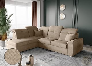 FRIDERIK-EU Corner Sofa with Sleep Function and Bed Box [Left - Beige] Living Room Furniture, Sofas & Couches, Corner Sofa, Corner Couch with Sleep Function, Sofa Bed with Bed Box