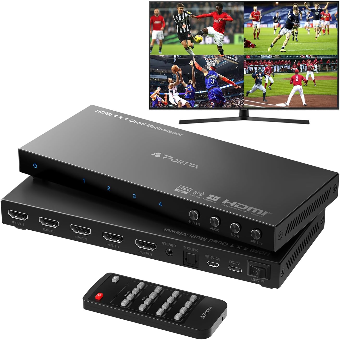 HDMI Multiviewer Switch 4x1 with PIP, PORTTA Quad Multi Viewer Seamless Switcher 4 in 1 Out with Toslink, 3.5mm Audio Output Support 1080p 60Hz, 6 Viewing Modes, Downscaler, Compatible with PS4 Xbox
