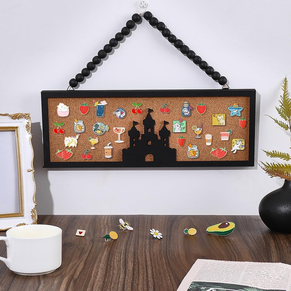 CRASPIRE Castle Pin Board Cork Rectangle Wood Hanging Wall Mounted Black Framed Bulletin Display Badge Organizer 15x5.5In with Black Beads Decorative Memory Memo Brooch Lapel for Home Bedroom Party
