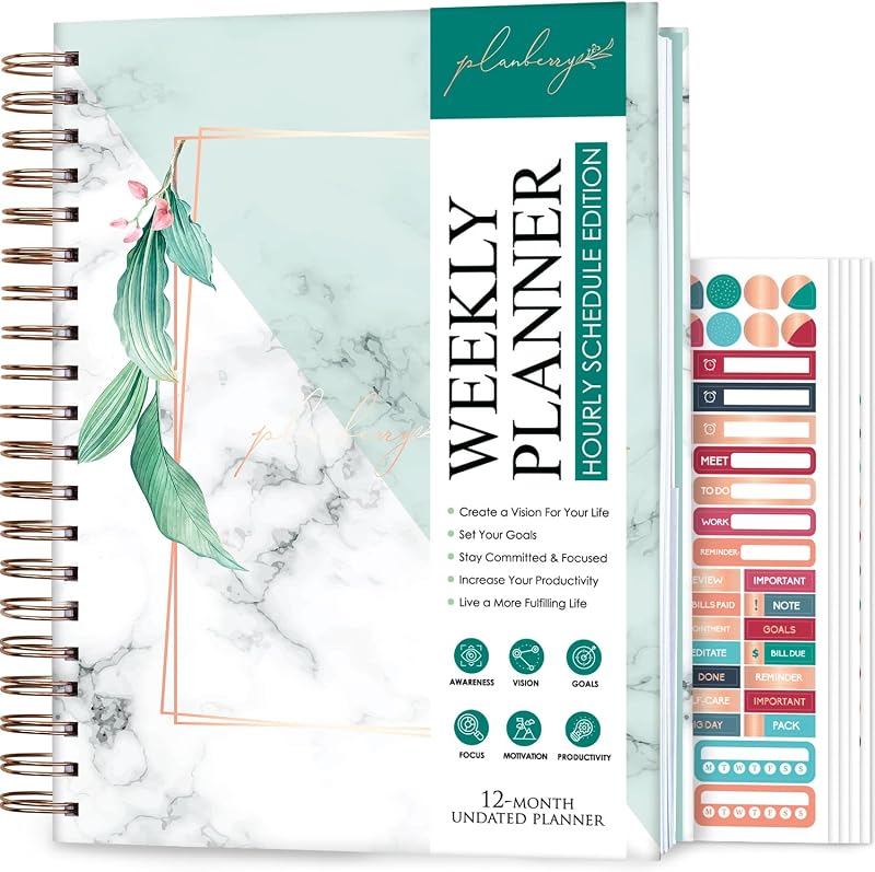 Planner Large Hourly, Detailed Undated Agenda Natural Green | 8”x10.4” 12 months, Weekly pages with time slots, Monthly calendars & budgets, Habit tracker, Family, college, work organizer