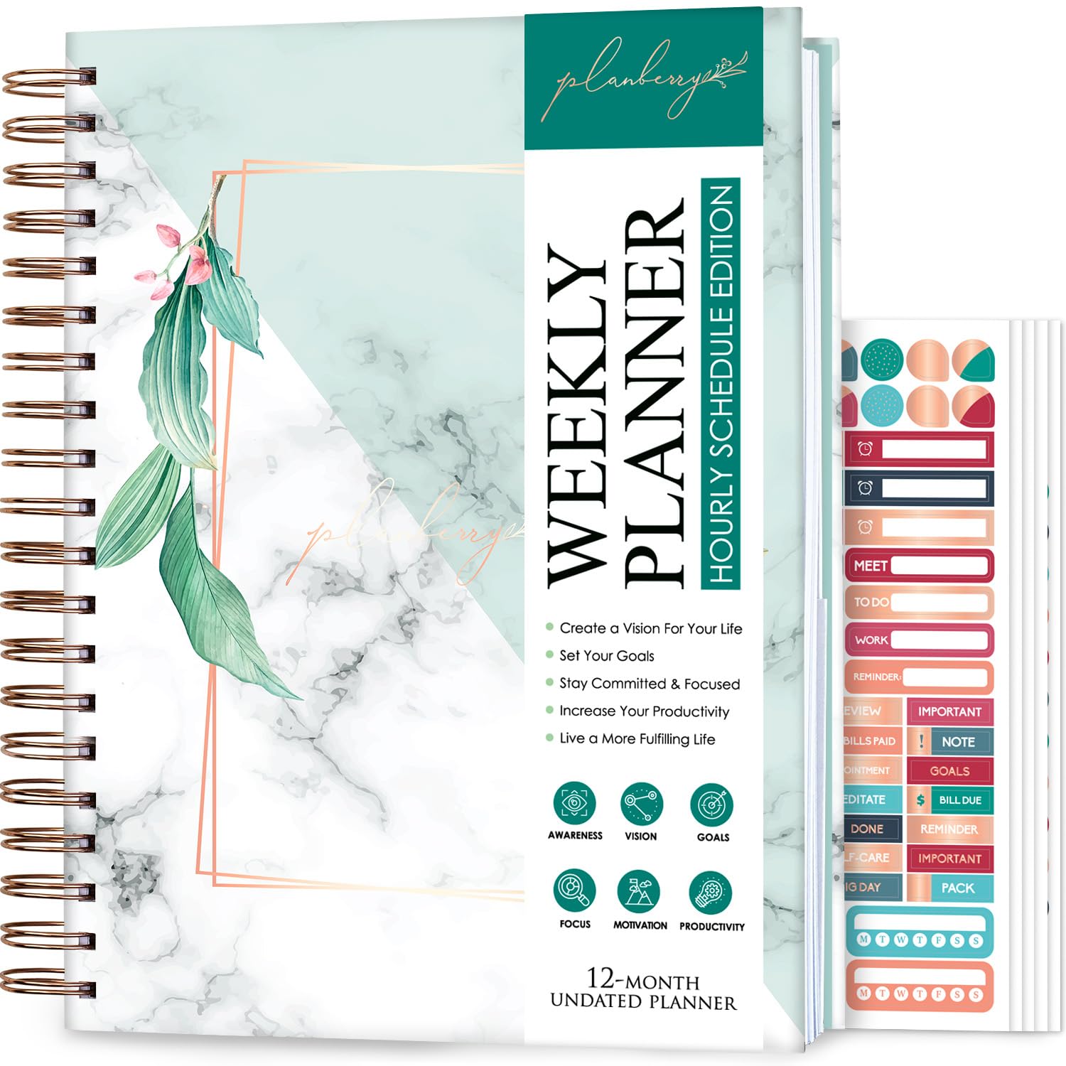 PLANBERRY Large Hourly Schedule Planner Premium – Undated Organizer for Productivity, Time Management & Budget, 8x10.4″ (Natural Green)