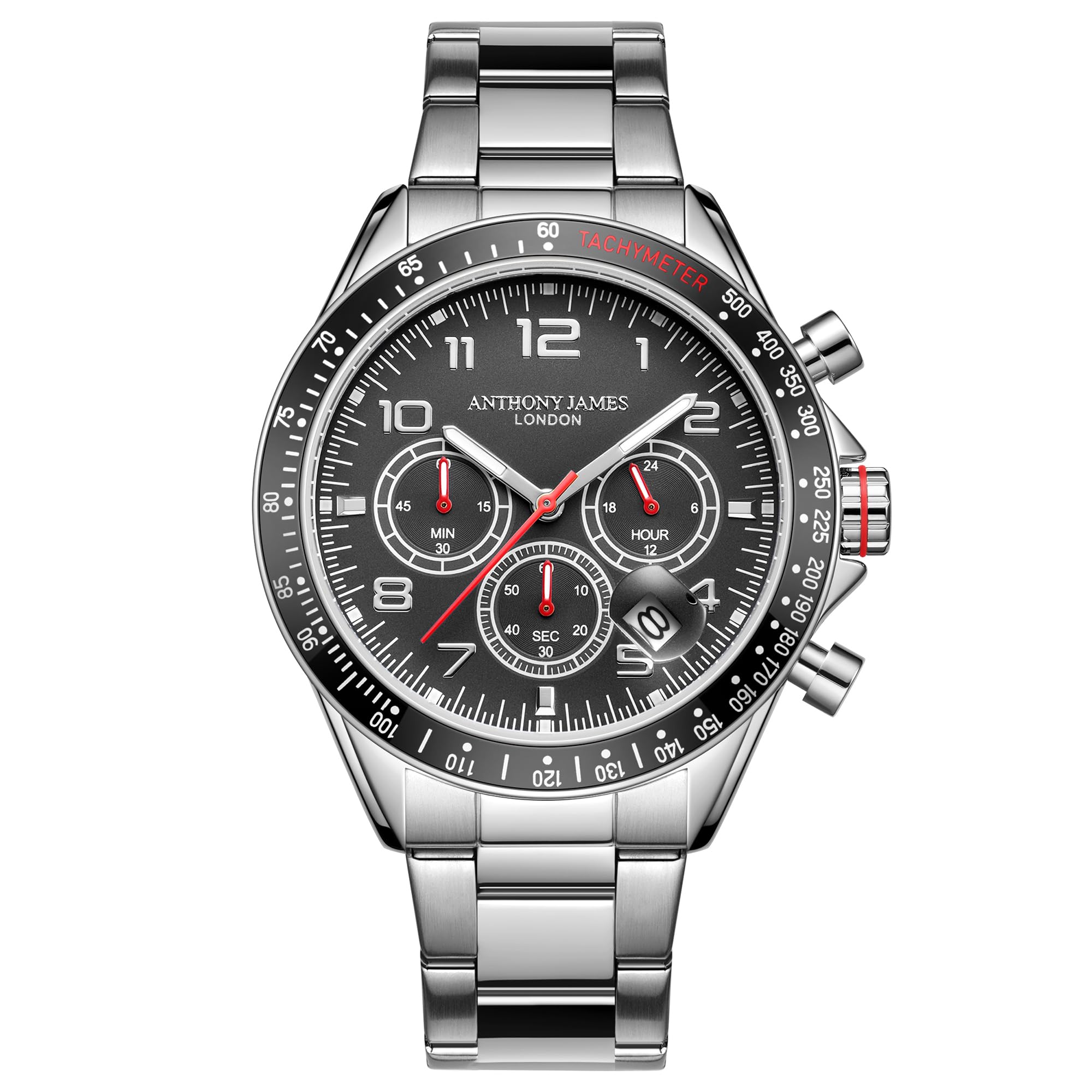 Anthony JamesTachymeter Chrono Wrist Watches Men - Steel Back, Analogue, Stainless Steel Strap, Hand Assembled, Water & Scratch Resistant Men's Watch - 5 Years Warranty