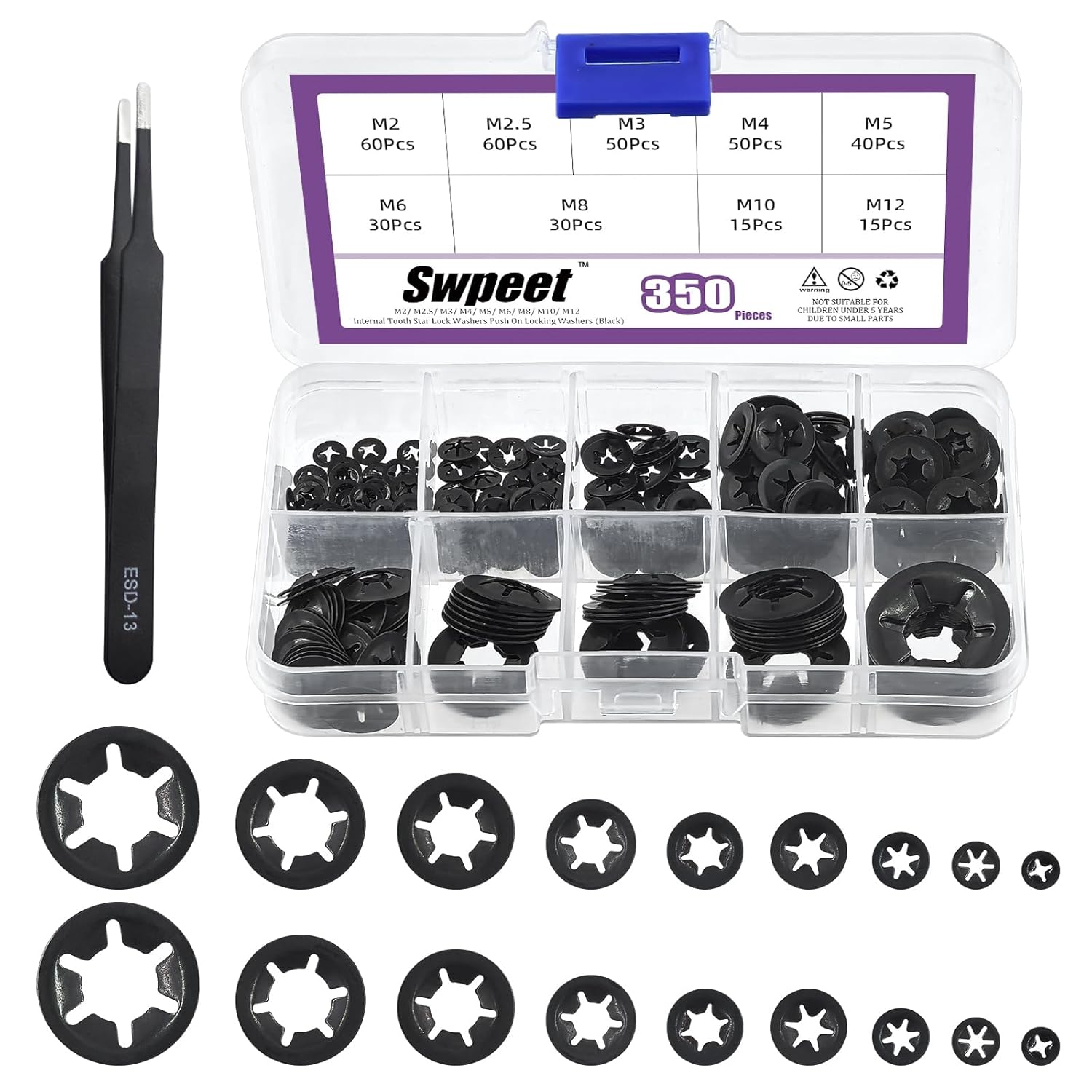 Swpeet 210Pcs 9 Sizes 304 Stainless Steel Internal Tooth Lock Washers with Tweezers Kit, M2 M2.5 M3 M4 M5 M6 M8 M10 M12 Spring Push On Locking Nuts Speed Clips Retaining Clips Tooth Lock Washers