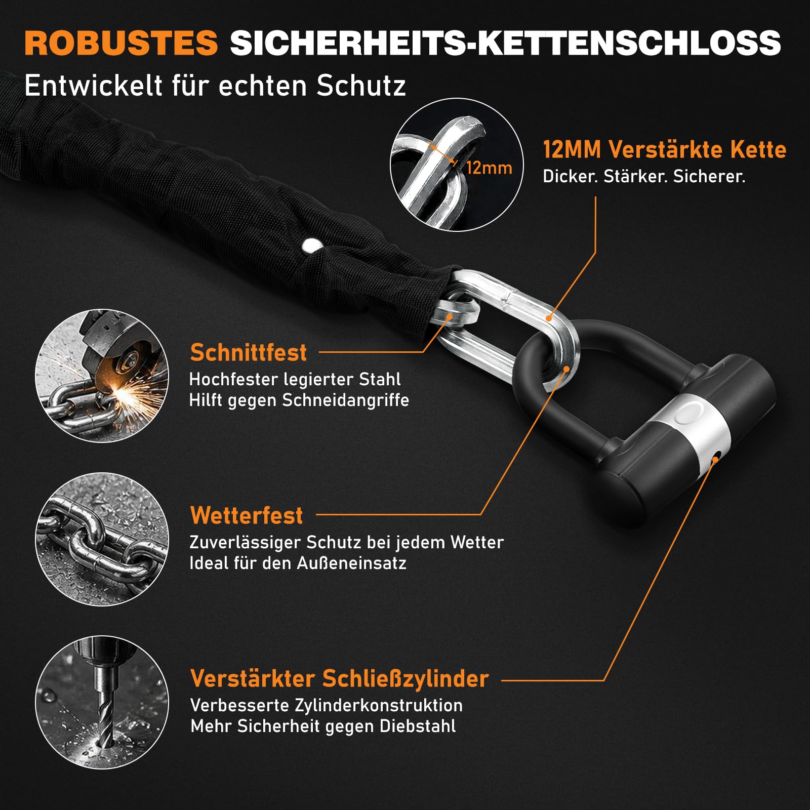 Motorrad Kettenschloss 12 mm, Gehärtete Sicherheitskette mit Bügelschloss und 4 Schlüsseln, Diebstahlschutz für Motorrad, E-Bike, Roller und Fahrrad, 150 cm – Silber