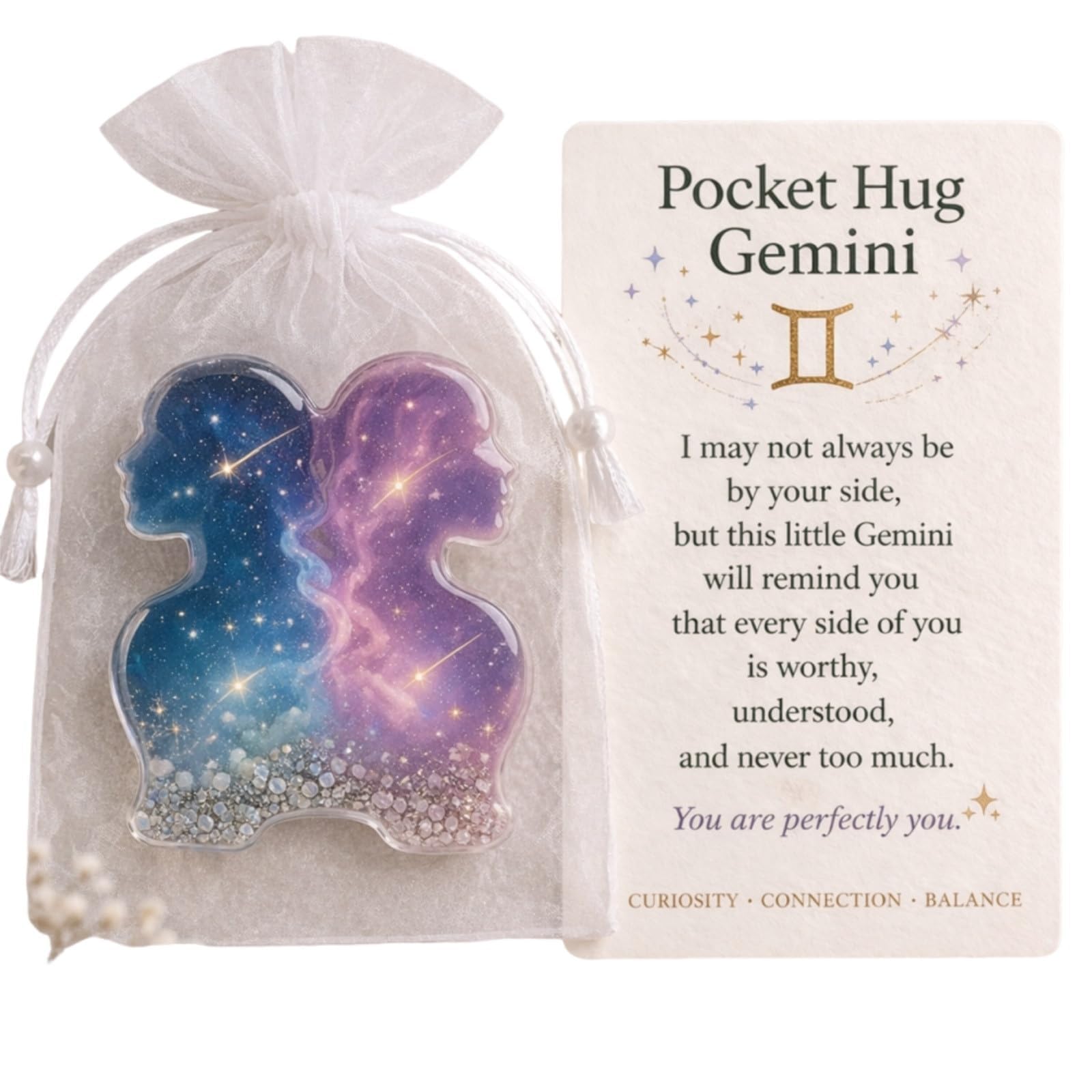 ZBELLO 2PCS Pocket Hug Zodiac Resin Ornament, Sign Astrology Keepsake, Acrylic Horoscope Token Gift, Birthday Present for Friends, Her & Him (Gemini)