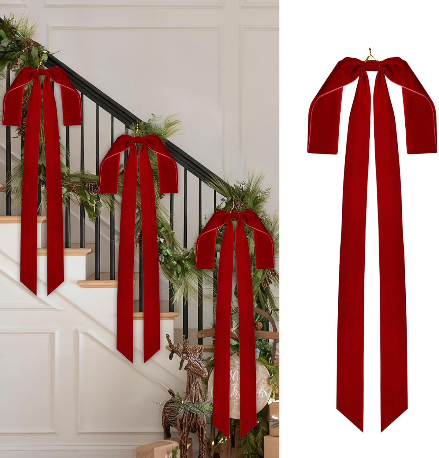 Aneco 6 Pieces Large Burgundy Velvet Christmas Bows 35 x 16 Inch Christmas Swag Bow Pre Tied Fence Staircase Wreath Bows Holiday Tree Topper for Xmas Home Door Outdoor Decorations
